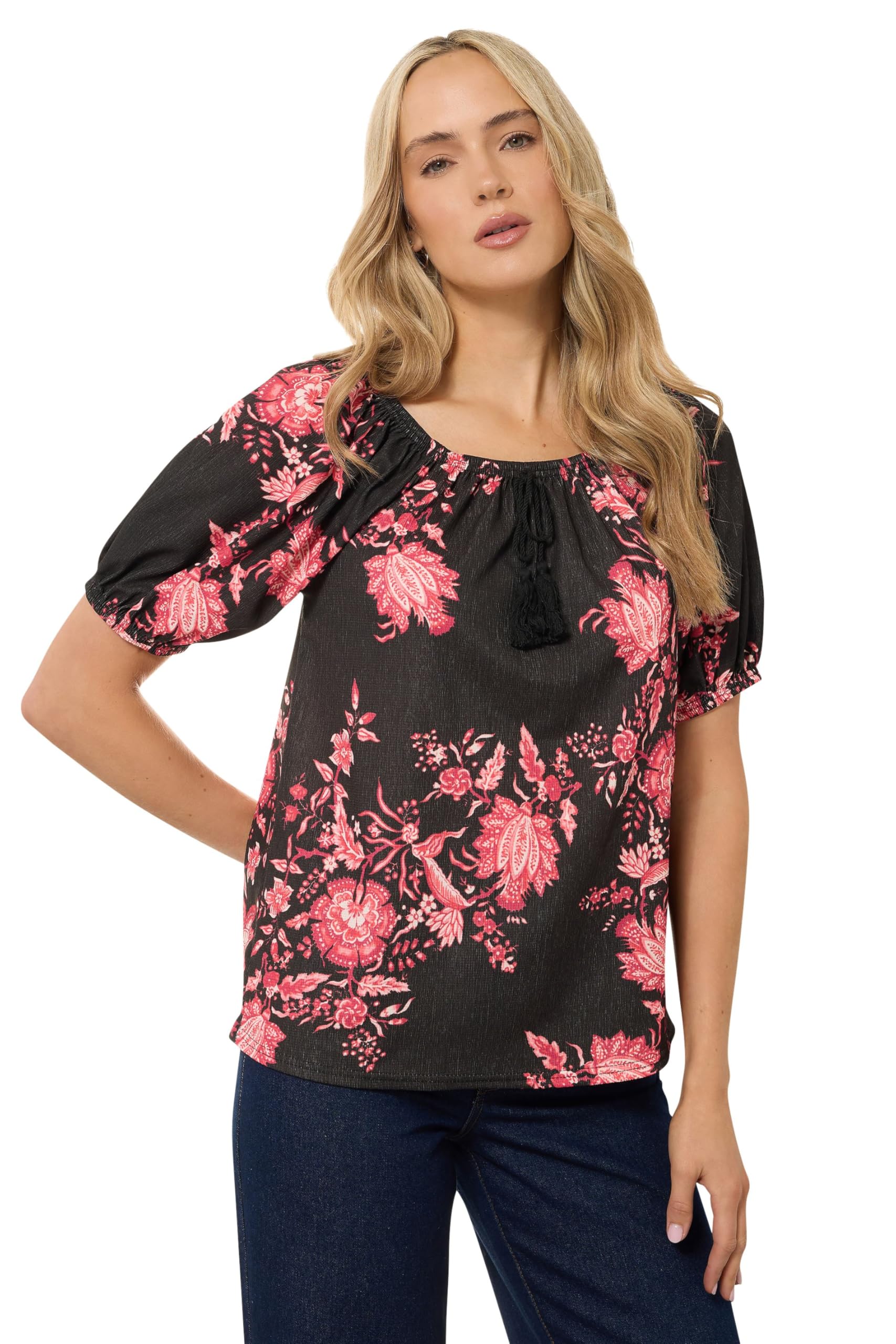 Long Tall Sally Women's Black Tall Floral Tie Front Top In | Size: 12