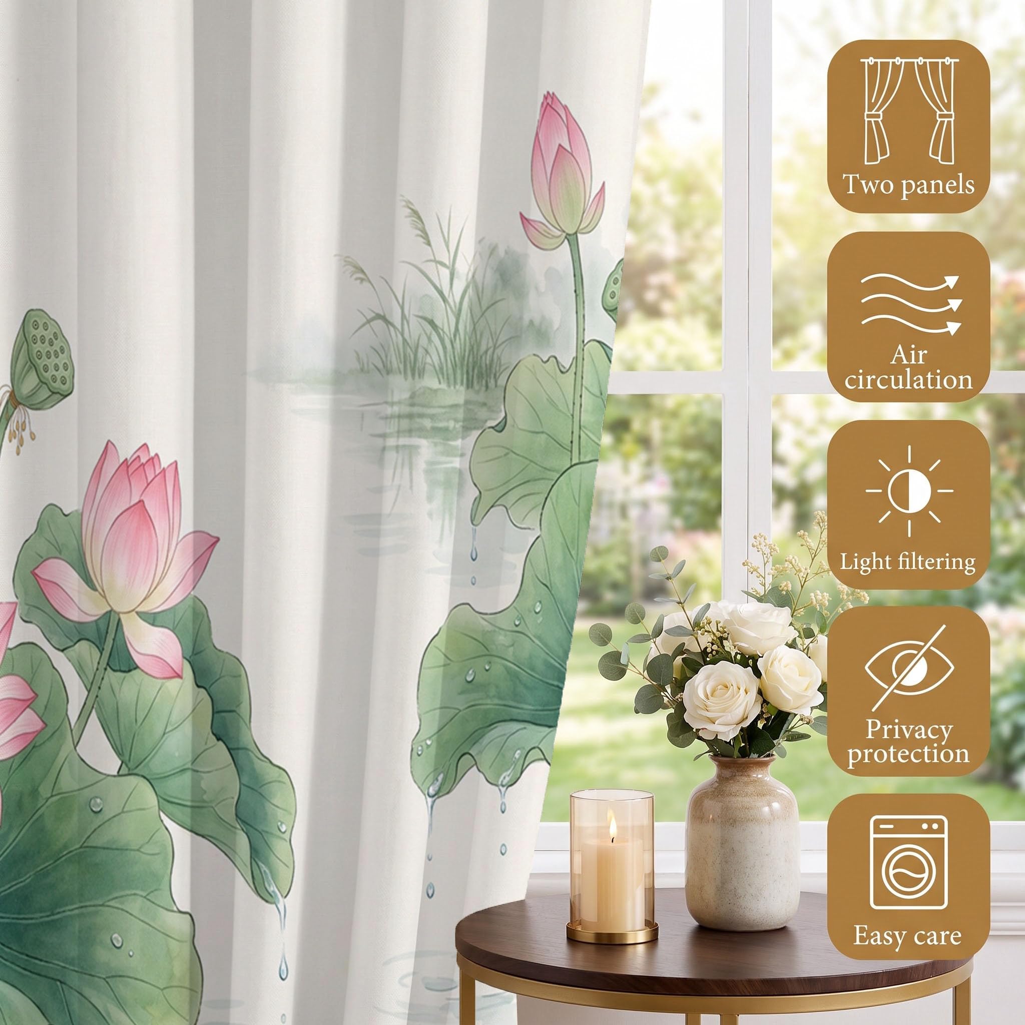 Cortinas Opacas De Paisaje De Loto Chino Plantas Frescas En Acuarela | Juego De 2 Unidades, Cortinas Opacas con Ojales, Blanco, Aislamiento Térmico para Salón Dormitorio, 140Anx240Al Cm