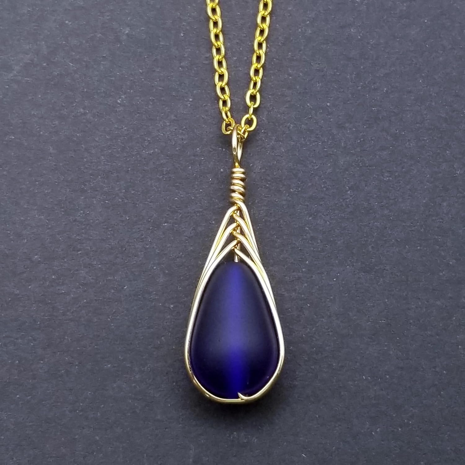 Handmade Sea Glass Necklace, Hawaiian Jewelry For Women, Gold Wire Braided Teardrop Necklace, Beach Jewelry, Birthday Gift For Women
