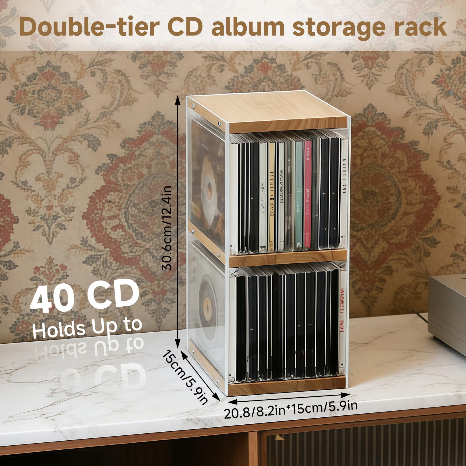 CD Holder Desk Rack Organizer, 8.2*5.9*12.4 In CD Storage Units, Natural Wood CD Storage Rack Holds 30 CD Case, 55 DVDs in Slim Cases, and 130 Discs in CD Sleeves, Organizer for CD & DVD — view 5