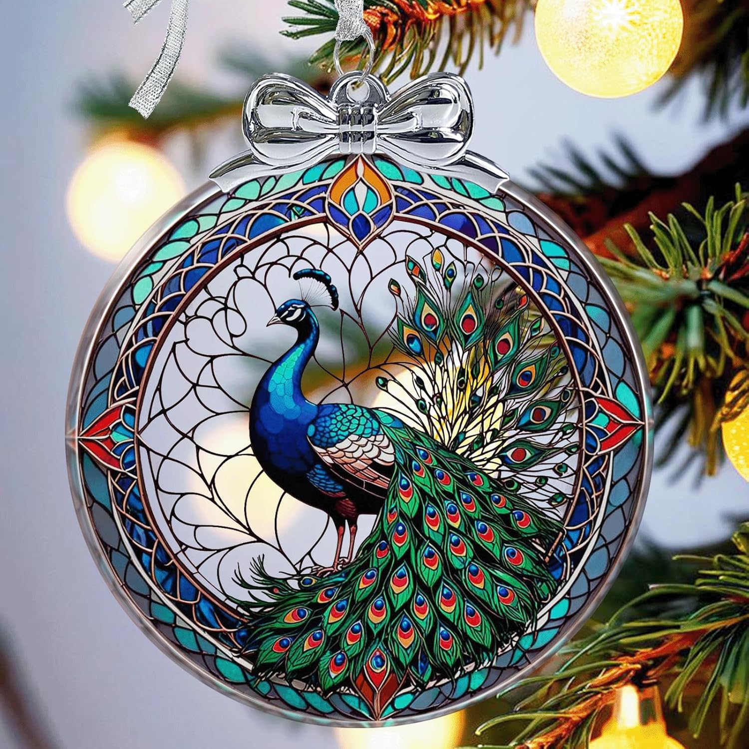 Peacock Christmas Ornament Glass- Hanging Ornaments for Christmas Tree, Christmas Ornaments Xmas Decorations for Peacock Lovers, Holiday Keepsake Present Exchange Ideas