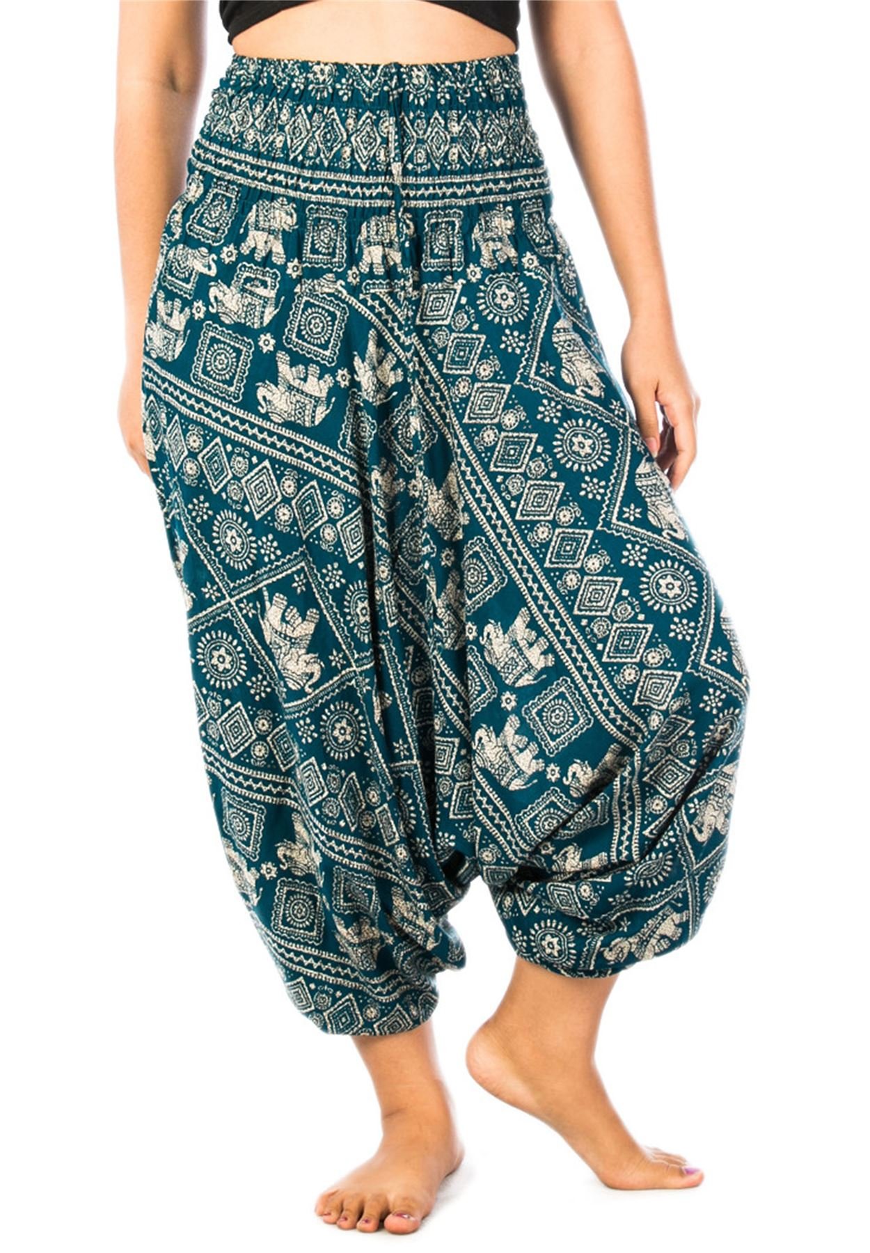 Lofbaz Women's Elephant Stamp 2 in 1 Harem Trousers Jumpsuit Teal Green 4XL