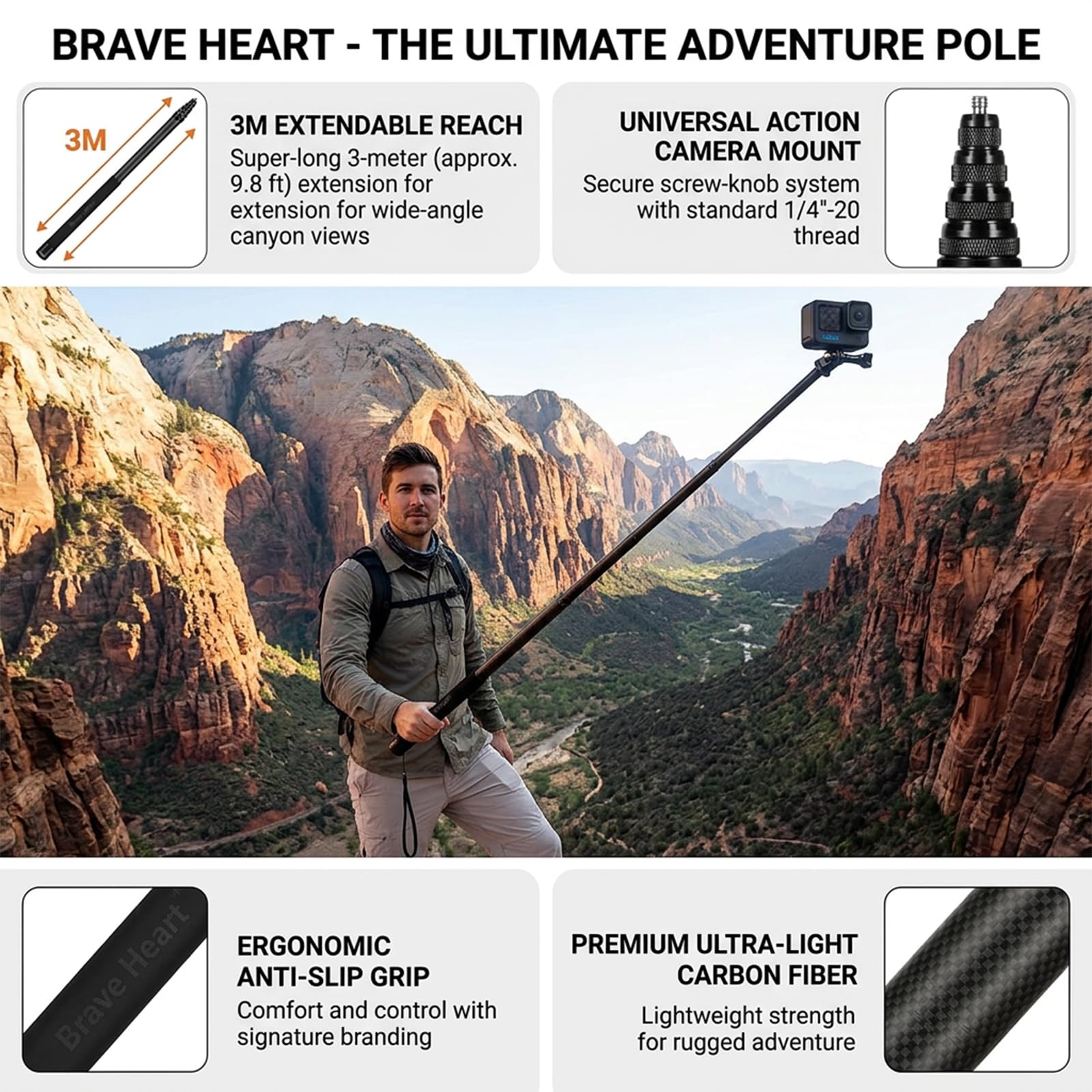 Perche à selfie invisible en fibre de carbone pour Insta360 ONE X5 X4 X3 X2/ONE RS/ONE R/ONE X Accessoires pour caméra panoramique DJI osmo 360 (Noir)
