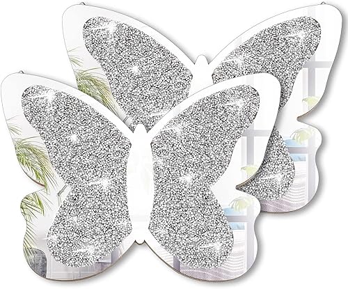 Miniatura 7 de 2 espejos en forma de mariposa con diamantes triturados de cristal plateado, decoración de pared plateada para sala de estar, espejo decorativo