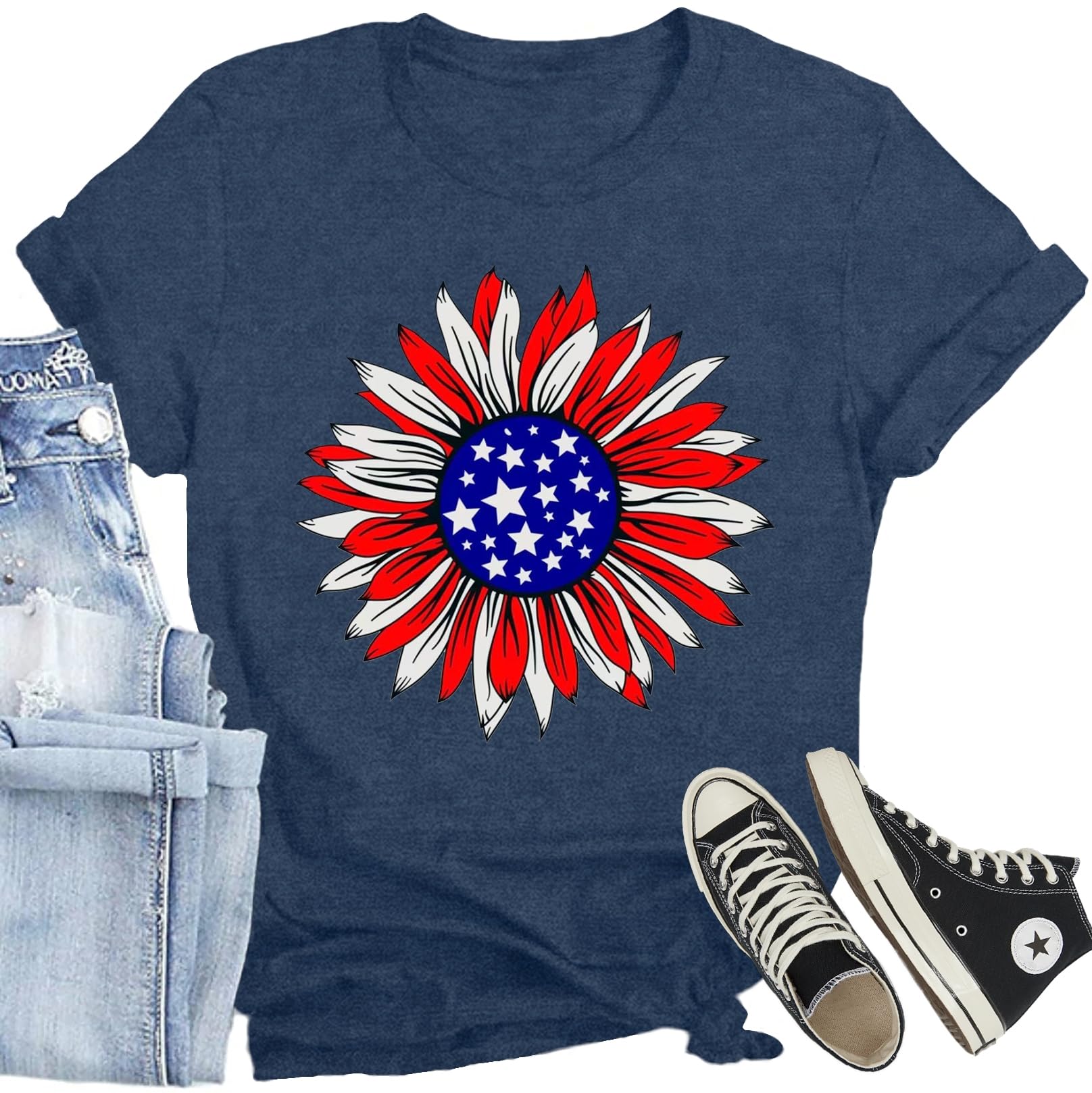 CQF Women American Sunflower Shirt Funny American Flag T-Shirt 4th of July Patriotic Tee Tops
