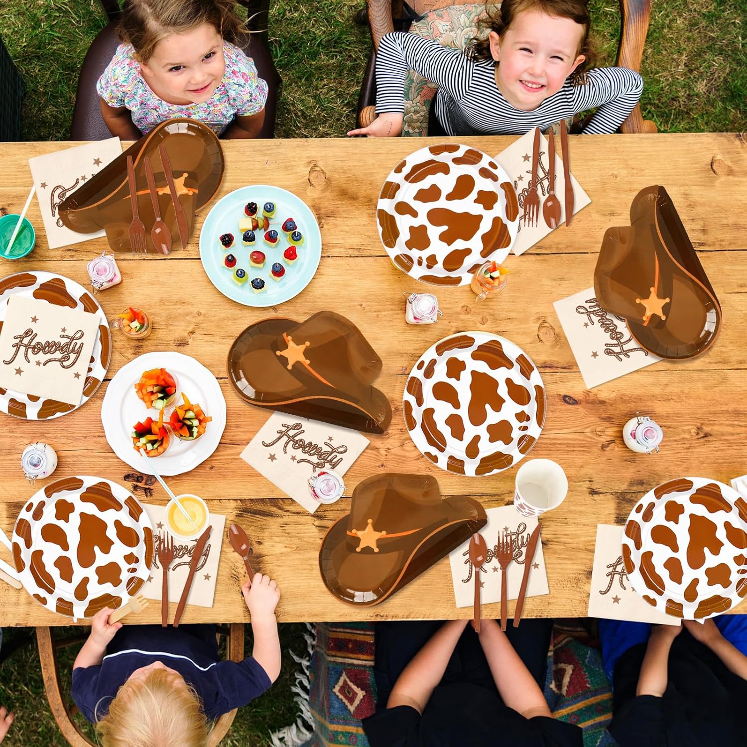 FYSUIMU 175 Pcs Cowboy Tableware Sets Serves 25 Guests Brown Rodeo Hat Cow Print Plates Napkins Cups Fork Knife Spoon Disposable Dinnerware for Western Birthday Cowgirl Party Supplies