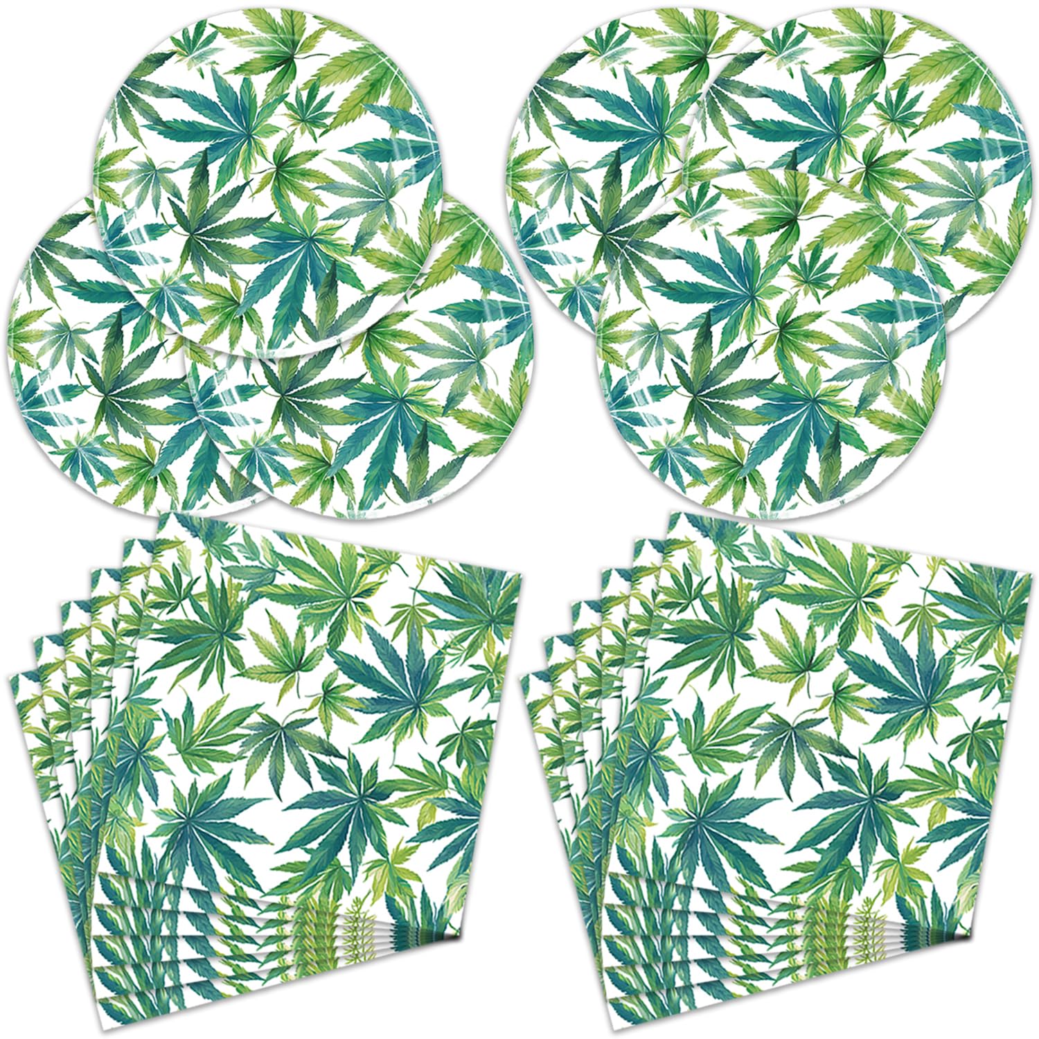 40Pack Weed Birthday Party Supplies include 20 plates, 20 napkins for the Green Pot Leaves party decoration