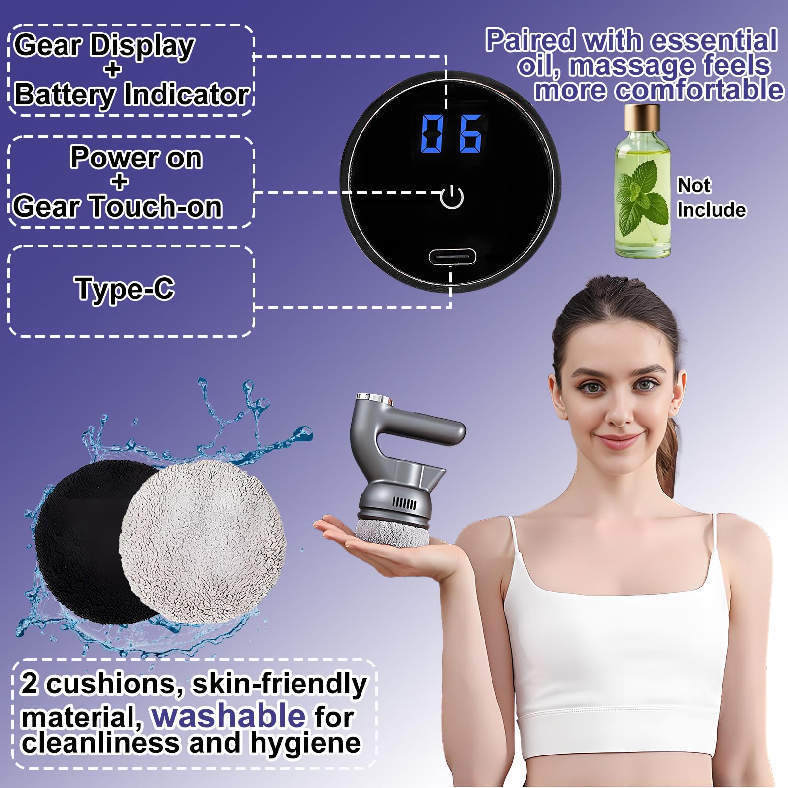 Massaggiatore anti-cellulite con 6 livelli, dispositivo di drenaggio linfatico elettrico con 3 testine massaggianti e 2 copricapo, modellazione tonificante per collo, braccia, gambe, addome