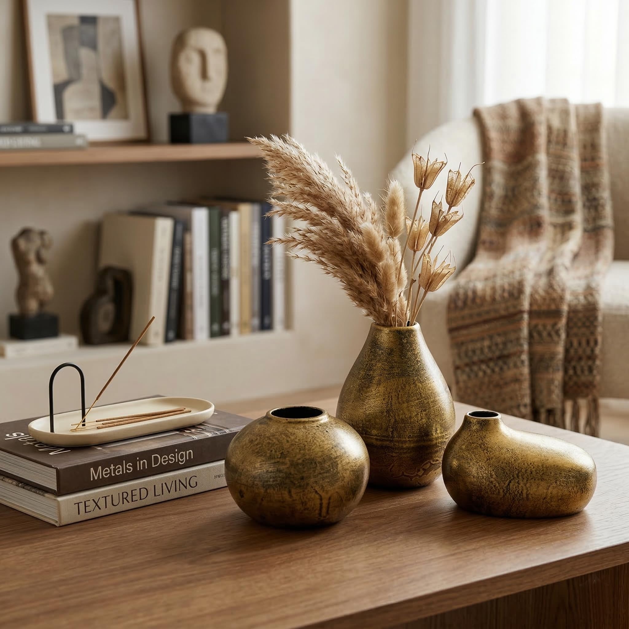 Antique Gold Metal Bud Vases, Set of 3, Rustic Textured Finish, Boho Home Decor (Golden)-image-6