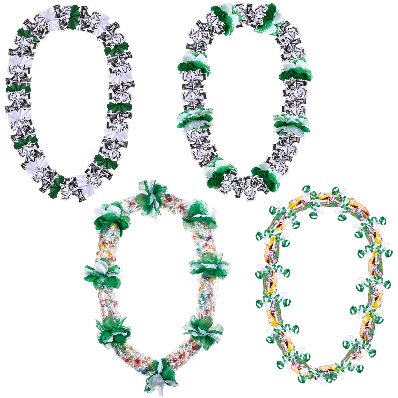 Photo 1 of JenPen 4 Set Graduation Money Lei Class of 2026 Candy Lei Kit with Flower DIY Grad Ribbon Necklace Congrats Grad Party(Green White)
