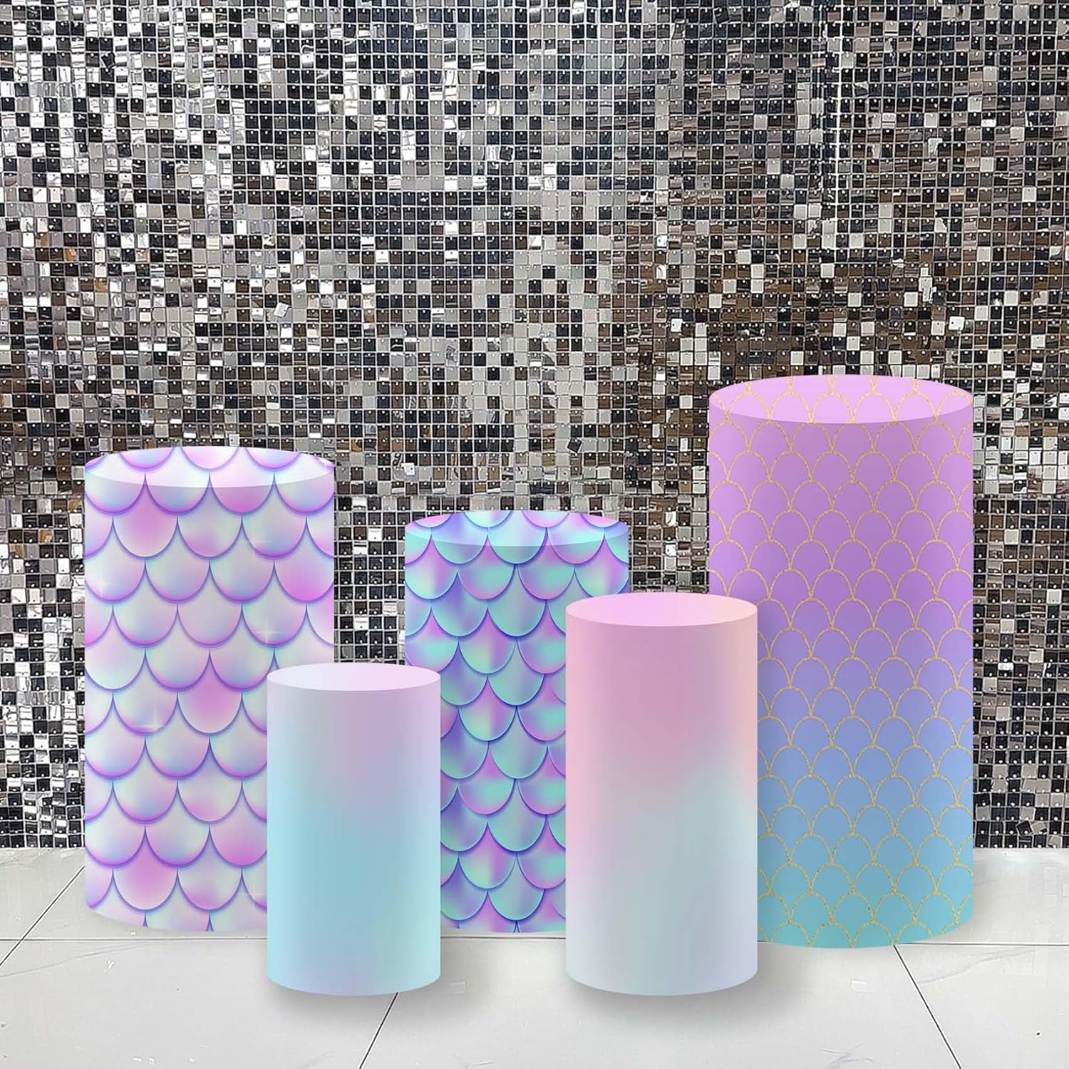 NIVIUS PHOTO Mermaid Theme Pedestal Covers for Girl Birthday Baby Shower Party Decoration, Elastic Cloth Plinth Covers Cylinder Decor Props,5Pieces/Unit