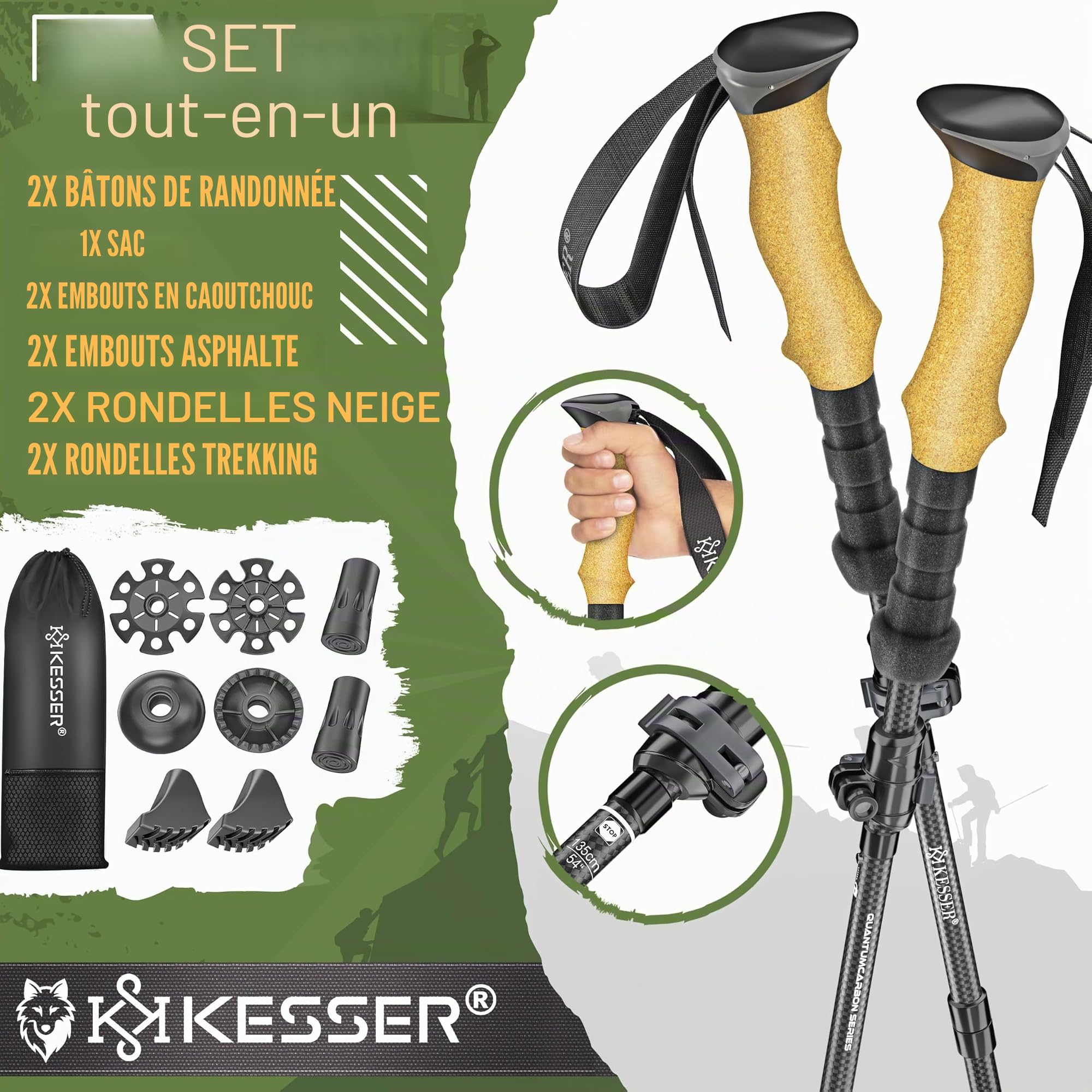 KESSER® Bâtons de randonnée pliables/télescopiques | Bâtons de marche nordique pour homme et femme | Bâtons de randonnée en aluminium/carbone avec poignée en liège 105-120 cm | Bâtons de trekking pour