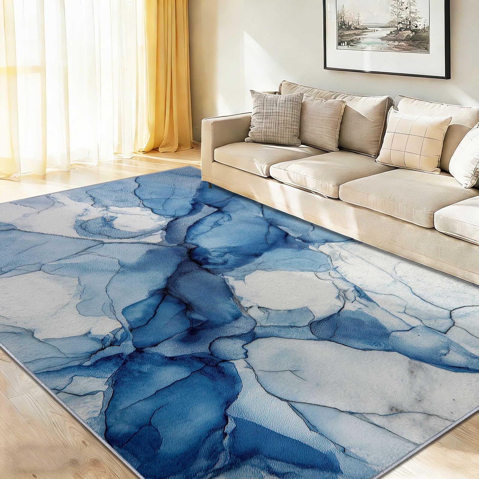 Tapis moderne style marbre glamour blanc et bleu aux finitions soignées