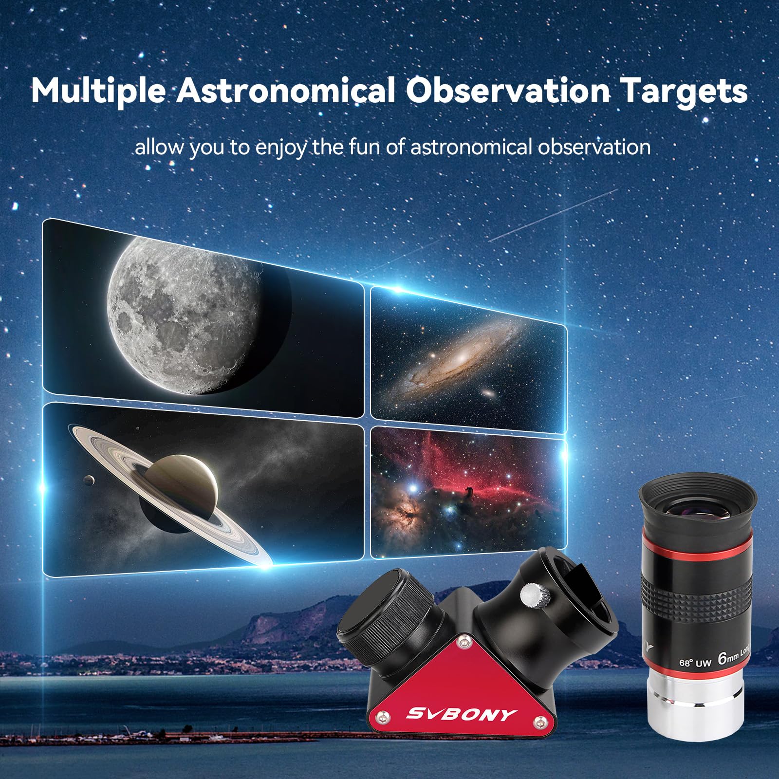 SVBONY Telescopio oculare ultra grandangolare da 68 gradi da 6 mm e SV188P 90 gradi Dielettrico a stella diagonale, 3,2 cm, accessori per telescopi astronomici visivi