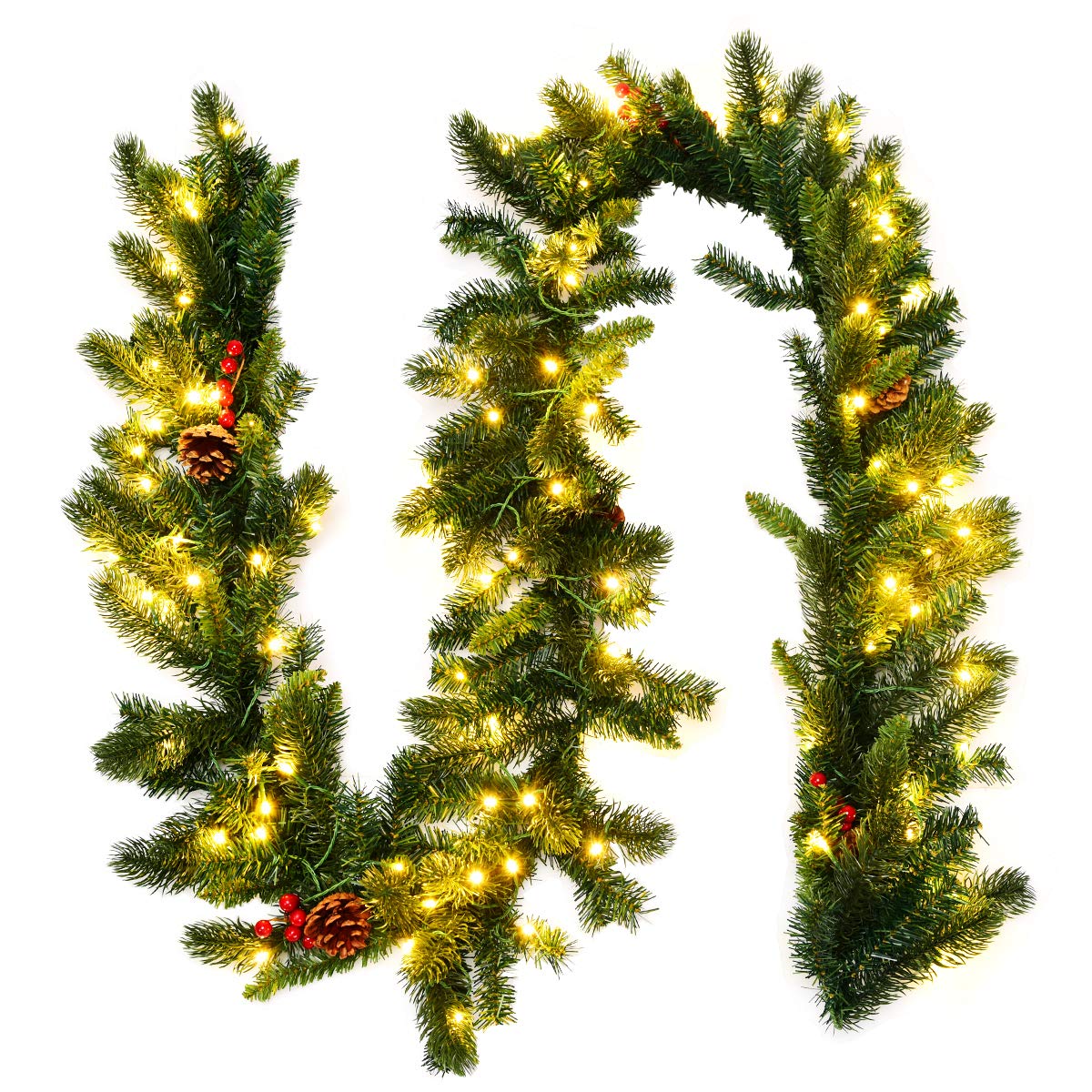 DREAMADE Guirlande Sapin Artificiel 270CM avec 100 Lumières LED, Couronnes de Noël Lumineuse en PVC et PE avec Pommes de Pin&Baies Rouges, Décoration Idéale pour Porte, Fenêtre, Escalier, Cheminée