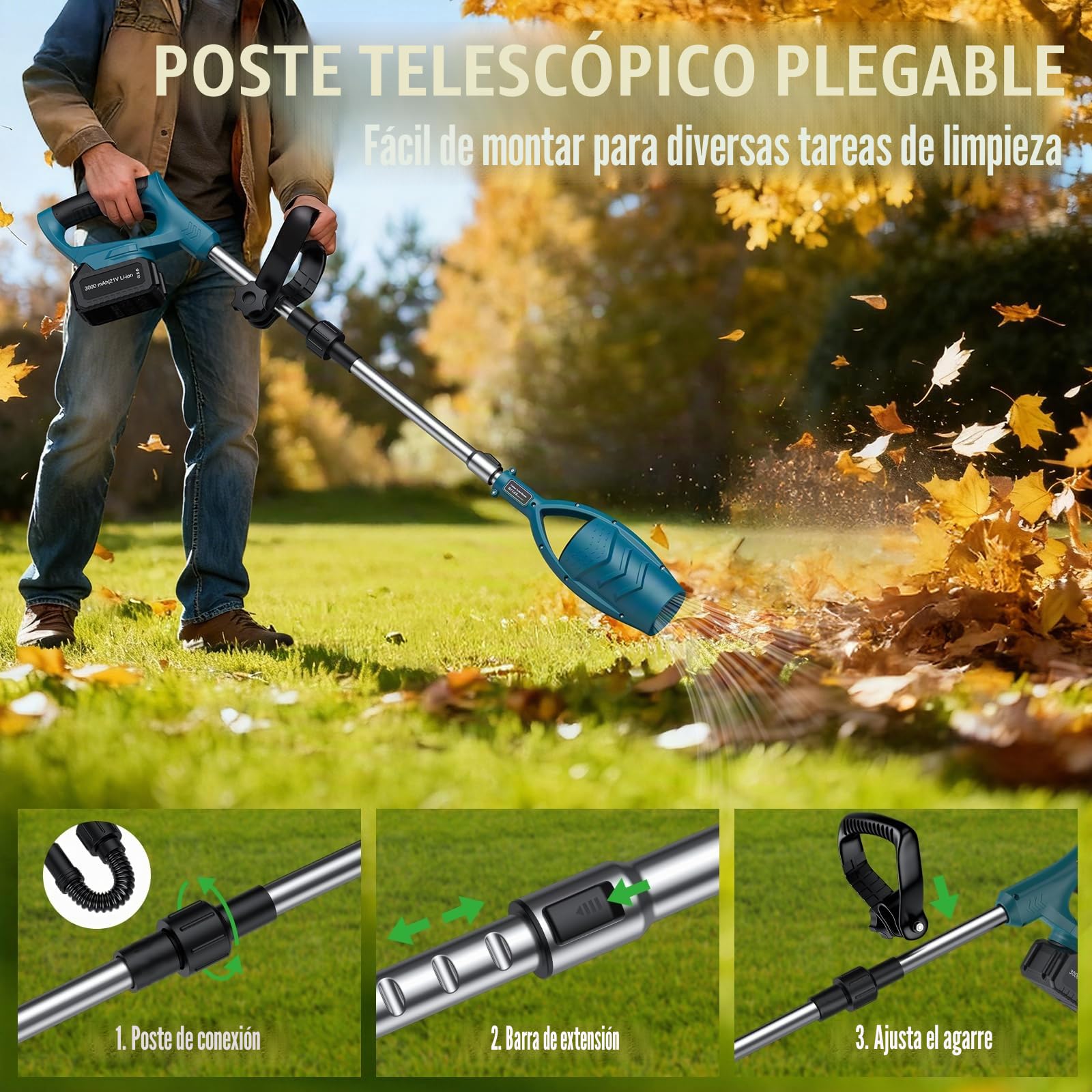 Soplador de Hojas Inalámbrico, Motor Sin Escobillas 18.5V, Batería de Ion-Litio 3000mAh, Extensible 140cm, Ligero 540g, con 2 Baterías y Cargador, para Jardín y Patio