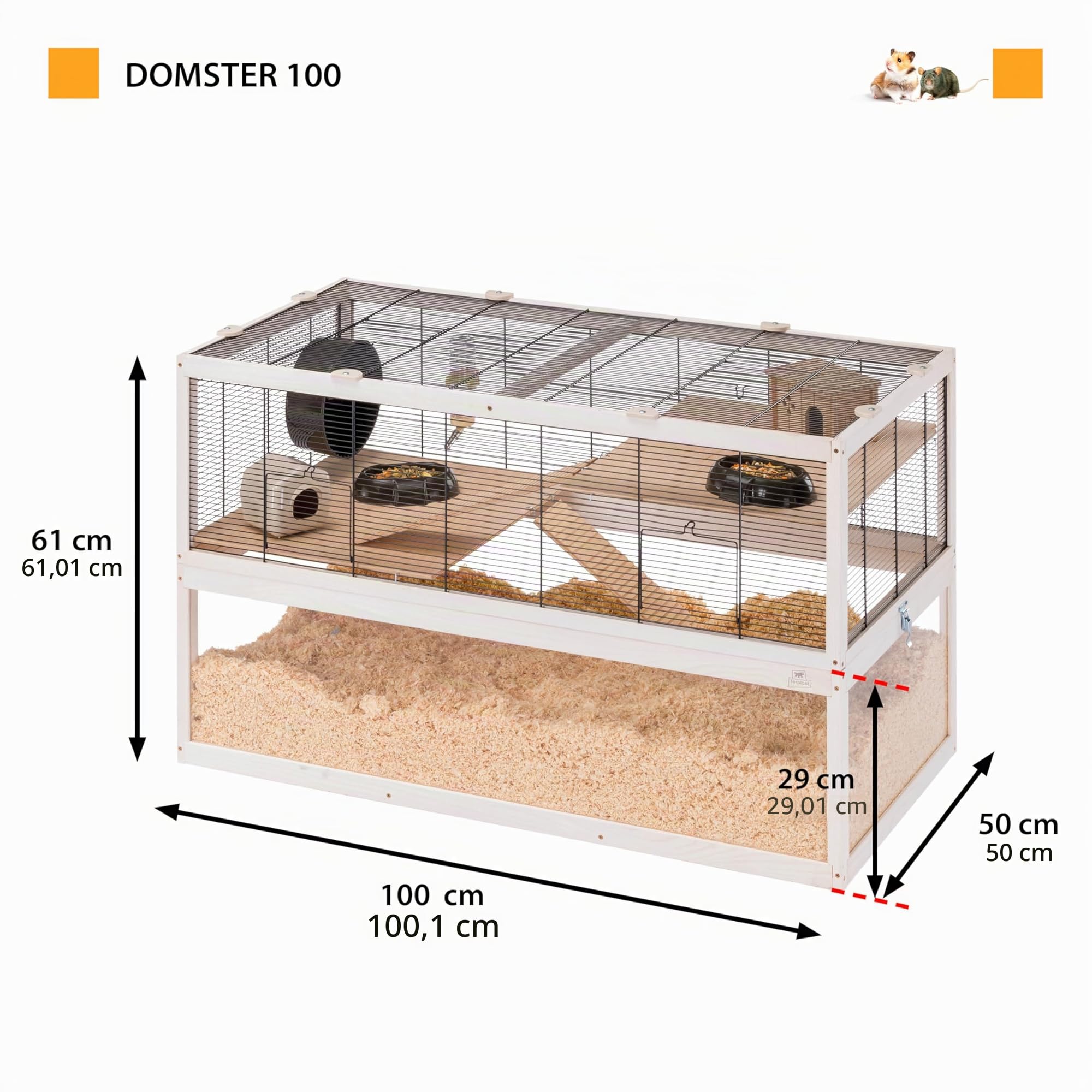 Ferplast Gabbia per Criceti DOMSTER, Gabbia per Topolini, 3 Piani, Con Accessori, Piattaforme e Scalette, Metallo Verniciato e Legno FSC, Base Trasparente, Gabbia Legno Criceto 100 x 50 x h 61 cm,