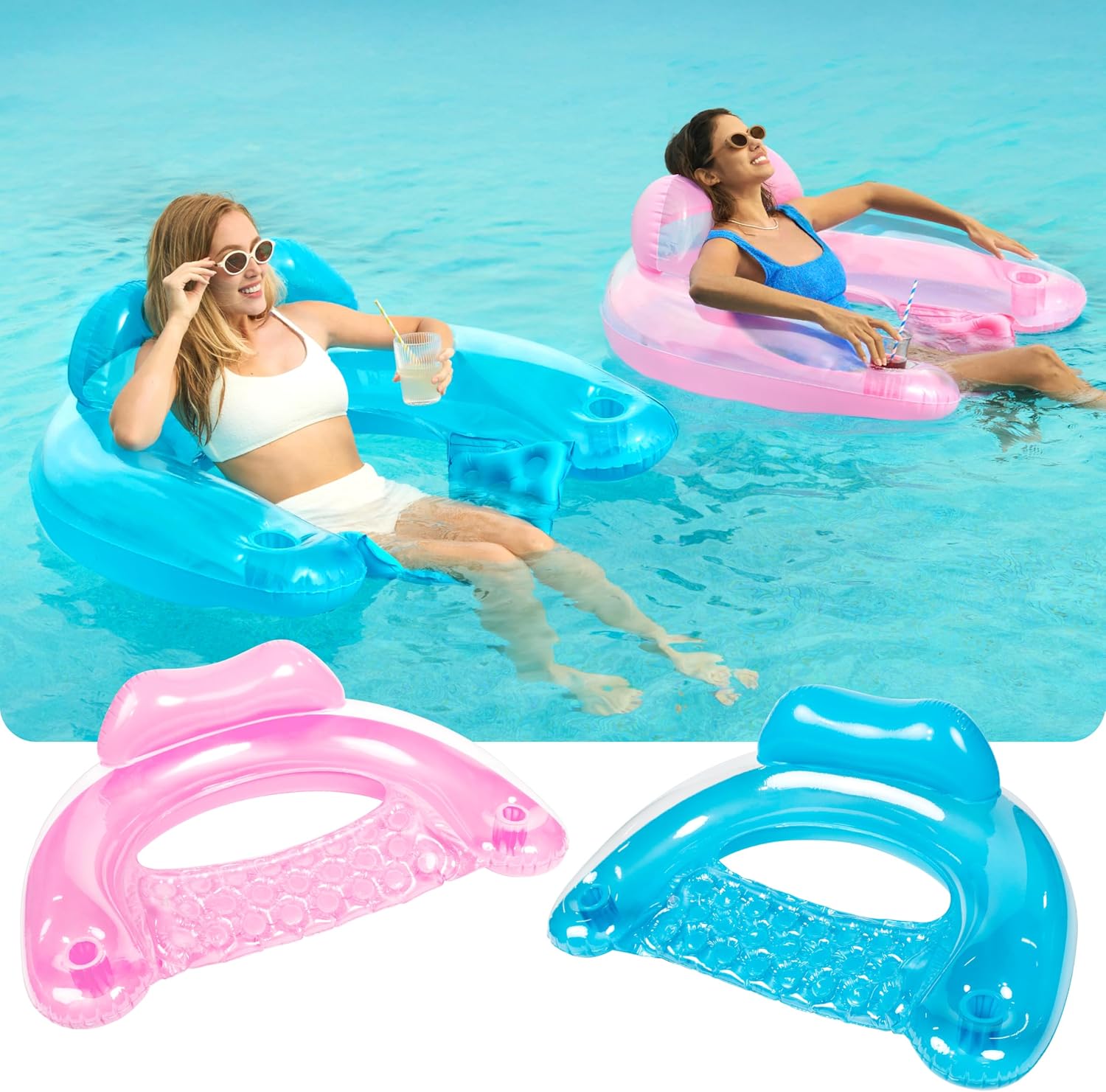 SLOOSH Inflatable Pool Floats Adult,2 Pack Pool Chairs with Cup Holders,X-Large Blow up Floats Chair,Hammock Noodle Mat for Relaxing Summer Water Fun Swimming Party Beach