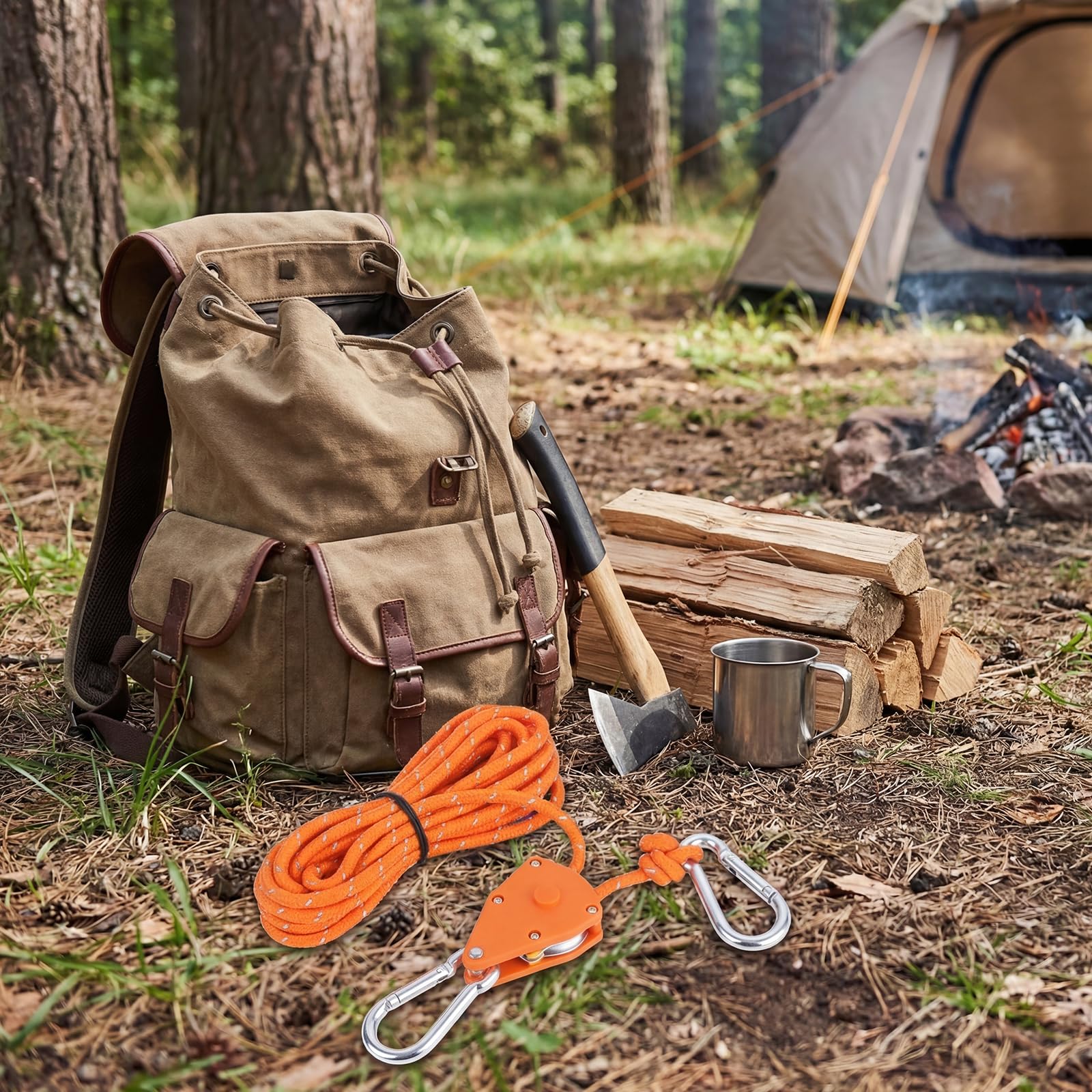 8 Stück Flaschenzug mit Seilbremse, 4m Seilratsche Einstellbar Abspannseile φ 4mm Seilspanner mit Karabiner für Camping Zelte