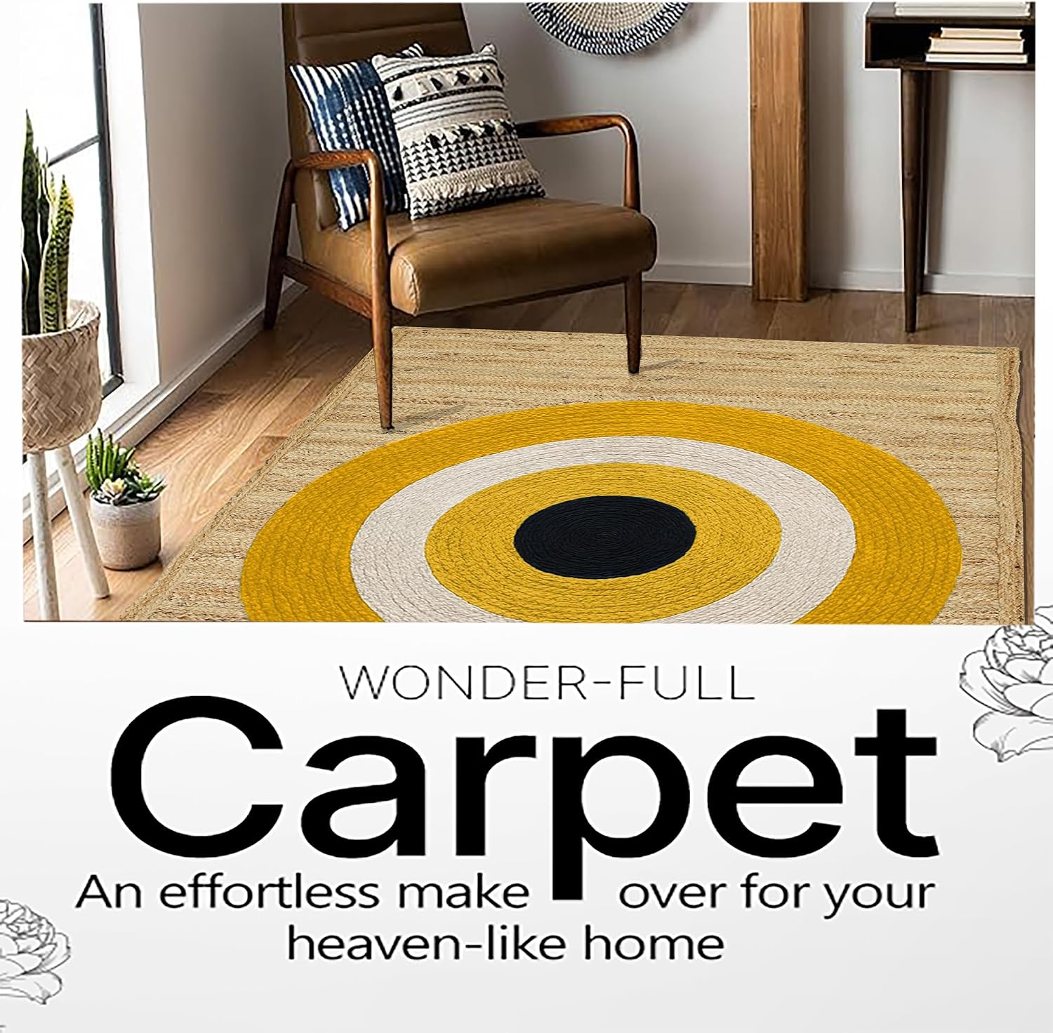 Heavy Material Handmade Jute Area Rug Natural Jute Kilim Rug 12x15 Thick 0.27" Geometric Yellow & Beige Evil Eye Rugs for Kids Room Bedroom Dining Table Farmhouse Decor Carpet
