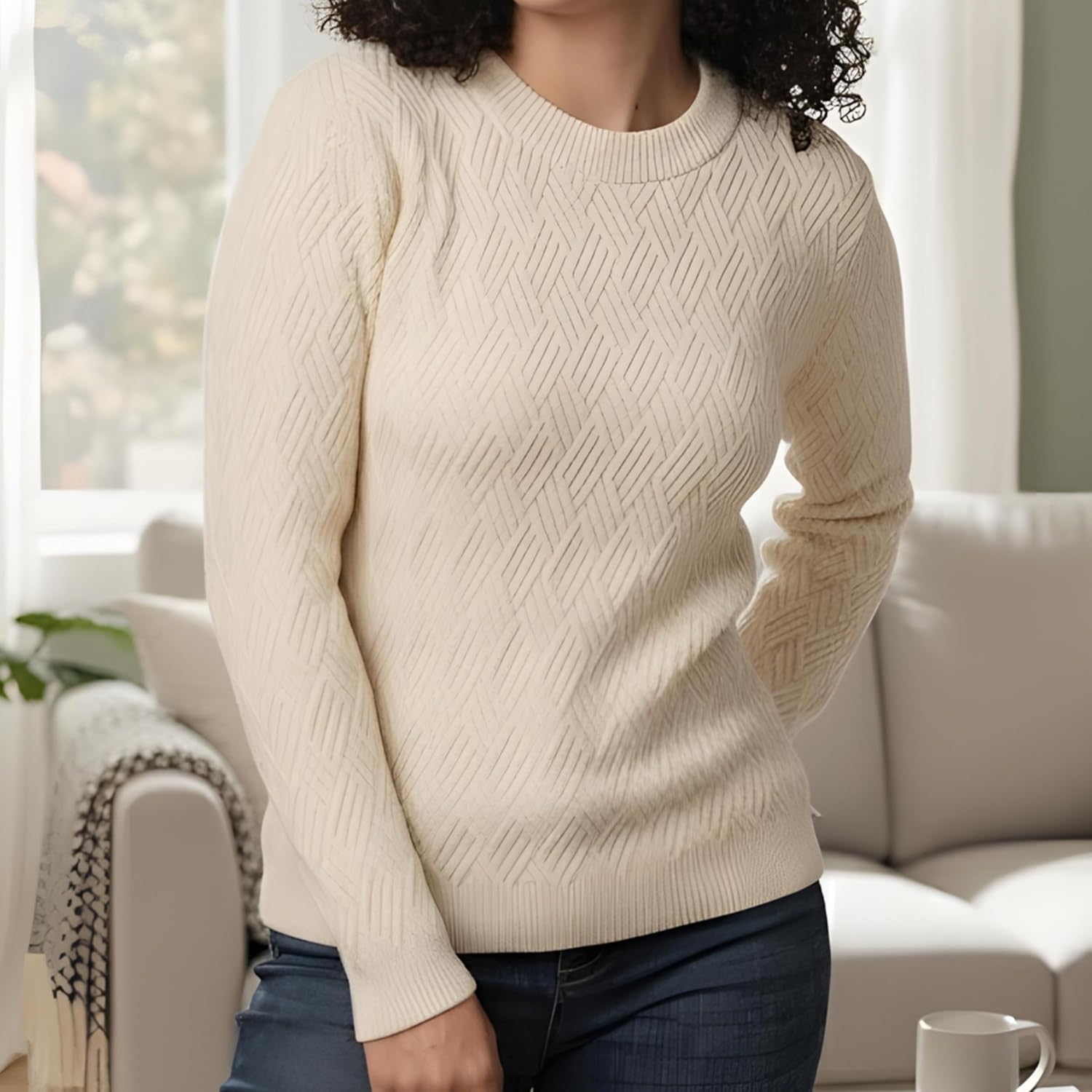 Women’s White Crew Neck Sweater – Long Sleeve Knit Pullover Top, Soft Fitted Winter Sweater for Women - Image 3