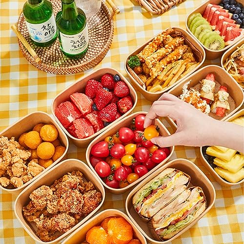 Miniatura 8 de Paquete de 50 cuencos desechables de papel kraft de 19 onzas con tapas y tenedores, recipientes desechables para preparación de comidas, recipientes