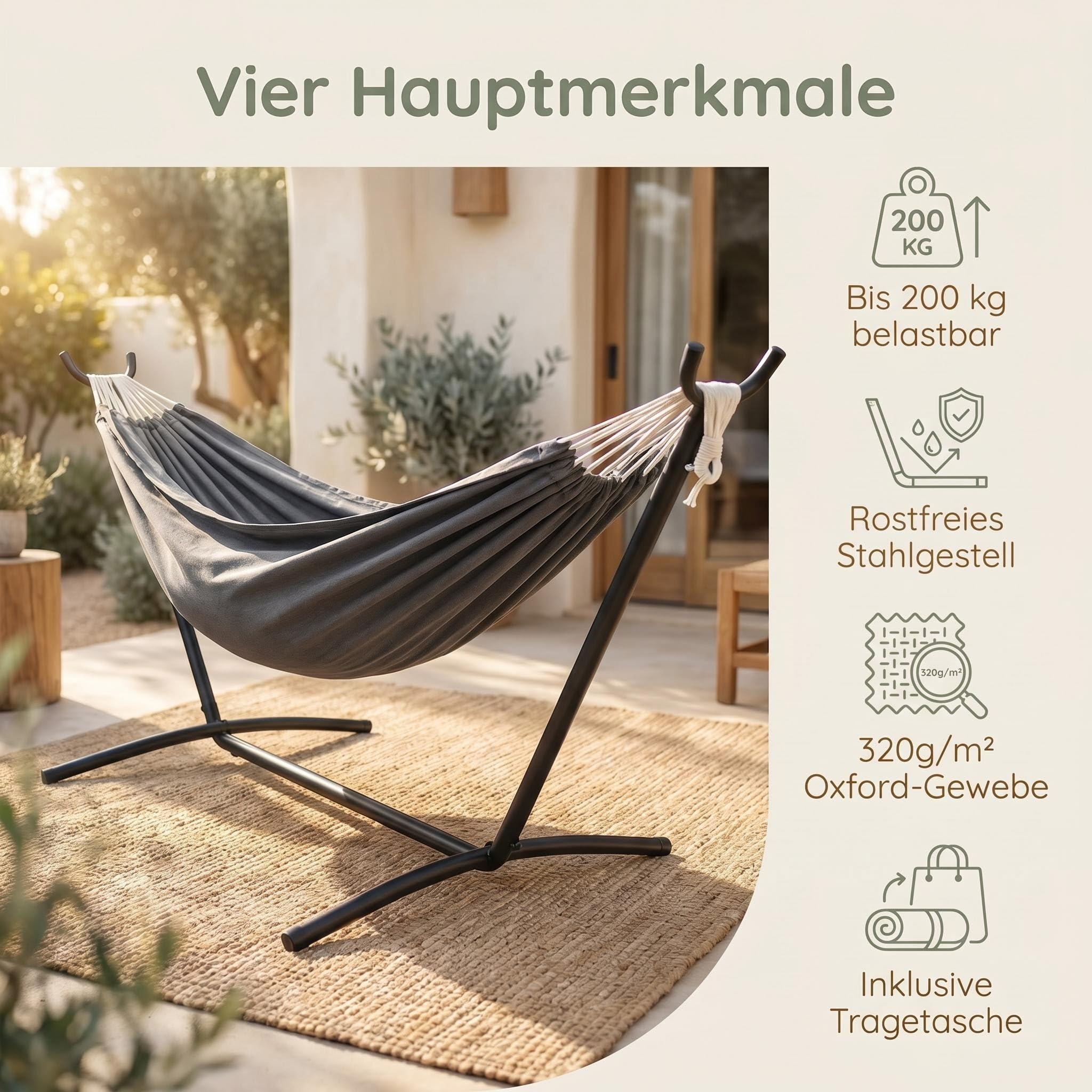 Doppel Hängematte mit pulverbeschichtetem Stahlgestell bis 200 kg Belastbar | 213x150cm Liegefläche Outdoor Garten Balkon Camping Hängematten-Set inkl. Oxford Tragetasche