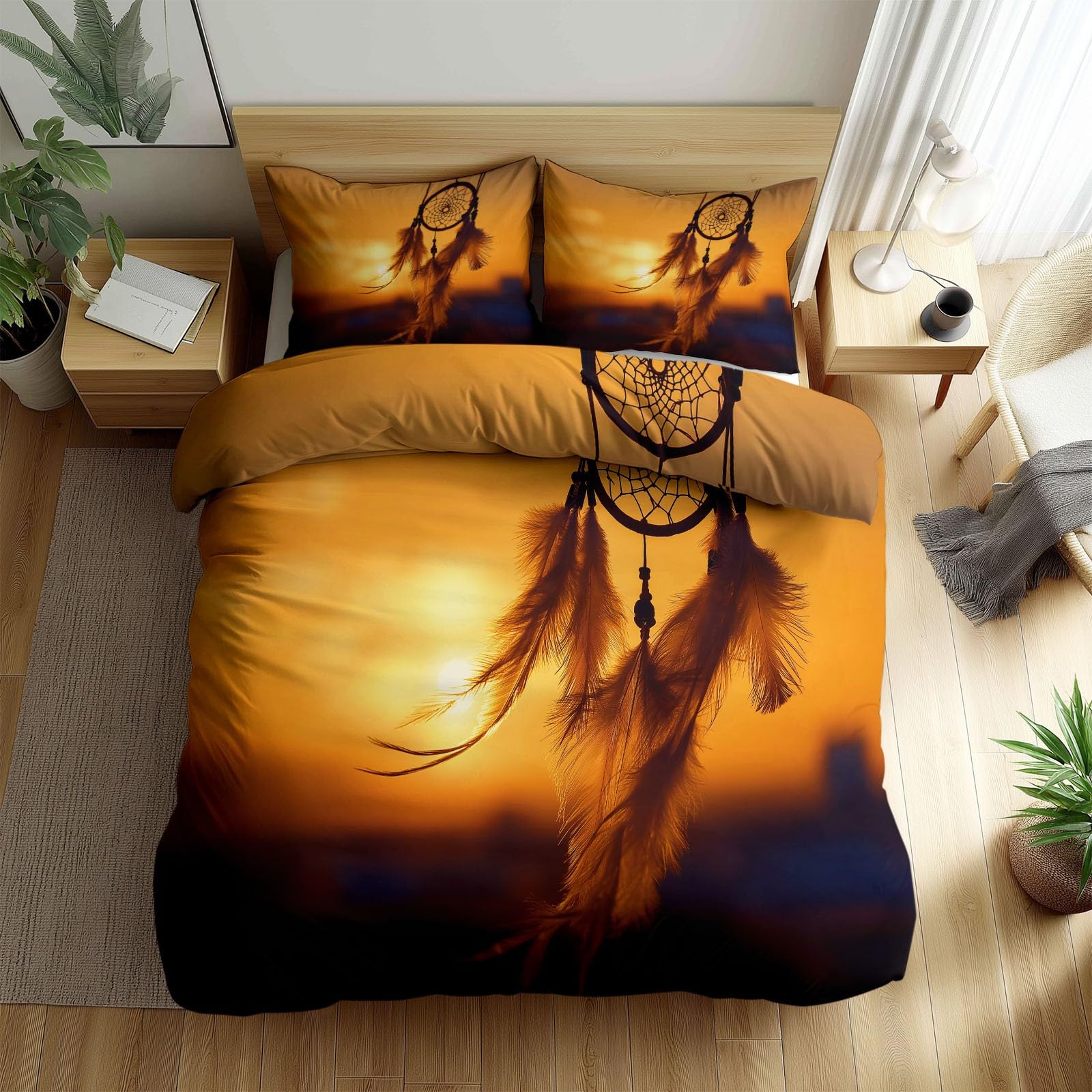Housse de Couette Réversible 160x200 cm avec 2 Taies d'Oreiller Attrape-Rêves