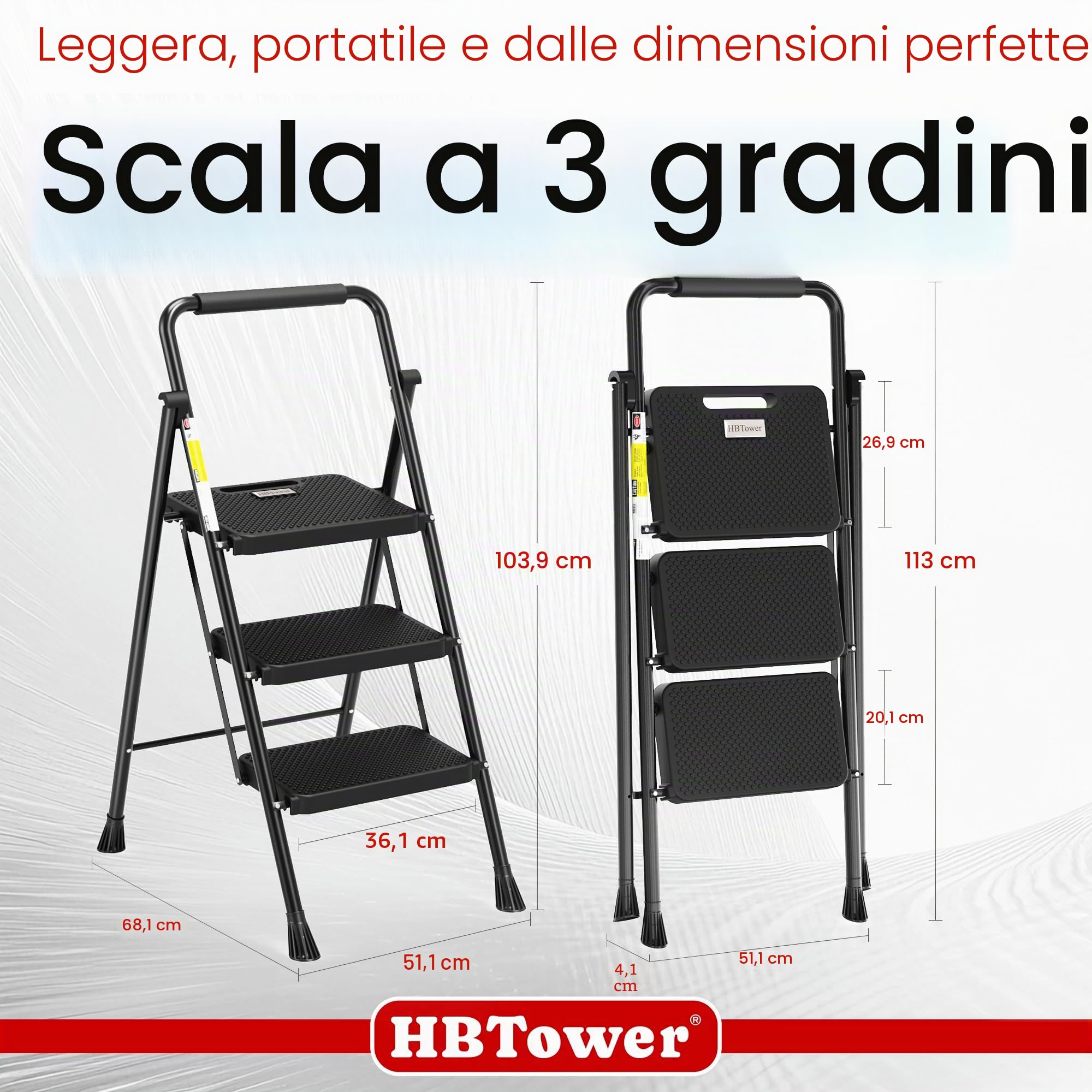 HBTower Scala 3 Gradini Pieghevole, Pedane Antiscivolo con Corrimano Confortevole, Scala Portatile in Acciaio, Nero