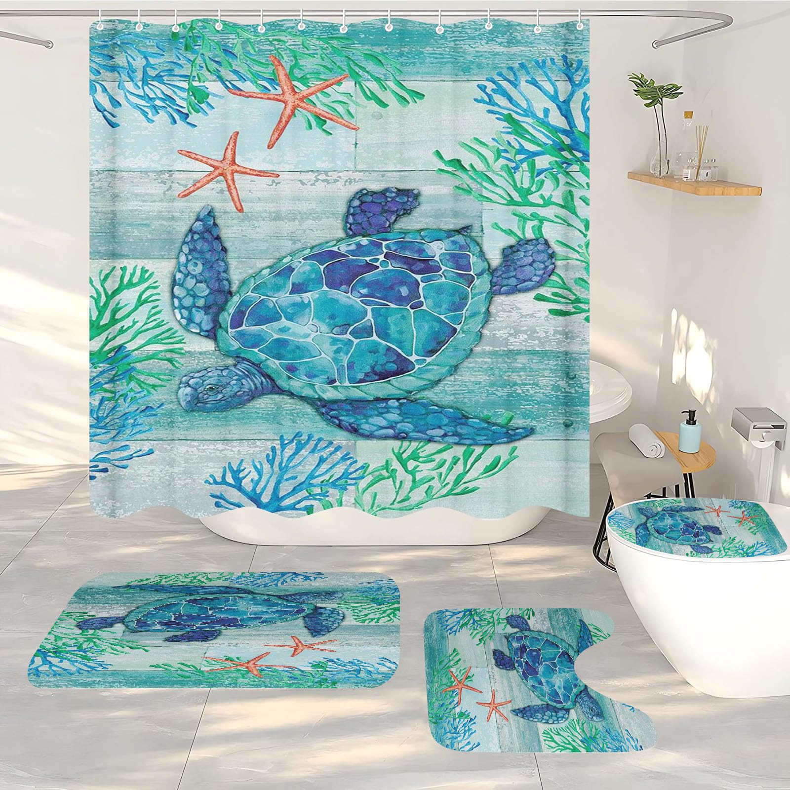 FABTOP Shower Curtain Sea Turtle Coral Nautical Ocean 180 x 180 cm Shower Curtains Turtle Sea Organism Octopus Coral Shower Curtains (1,180 x 200 cm)