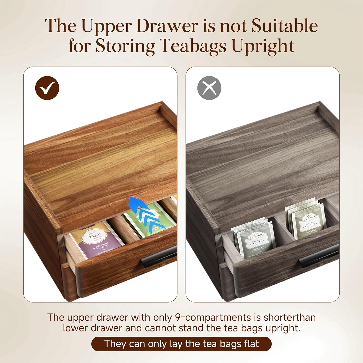 Acacia Wood Tea Bag Organizer - Double-Drawer Tea Box(21-Compartment) image 3