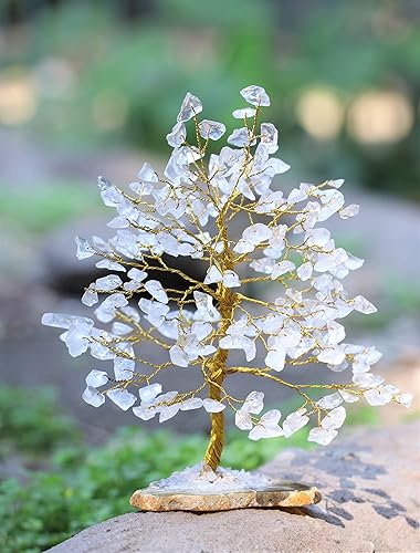 Árbol de la vida de cristal de cuarzo transparente, base de rodajas de ágata de geoda, árbol de chakras para energía positiva, árbol de piedras