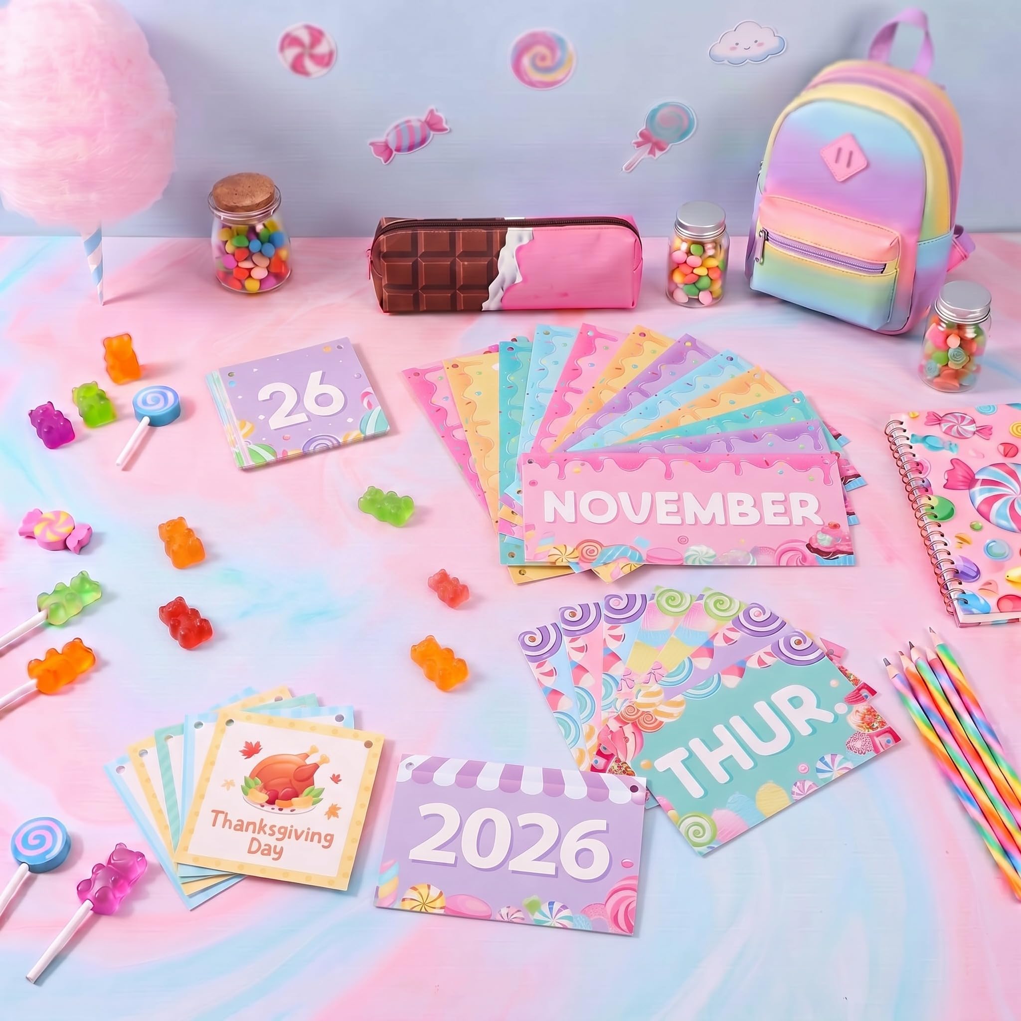MotiMind 65-teiliges 2026 Candy Flip-Kalender, Pinnwand-Set, Flip-Kalender mit verstellbarem Halter, buntes Klassenzimmer-Dekor, inklusive 65 Datums-Karten für den Schulanfang, Heimdekor-Zubehör