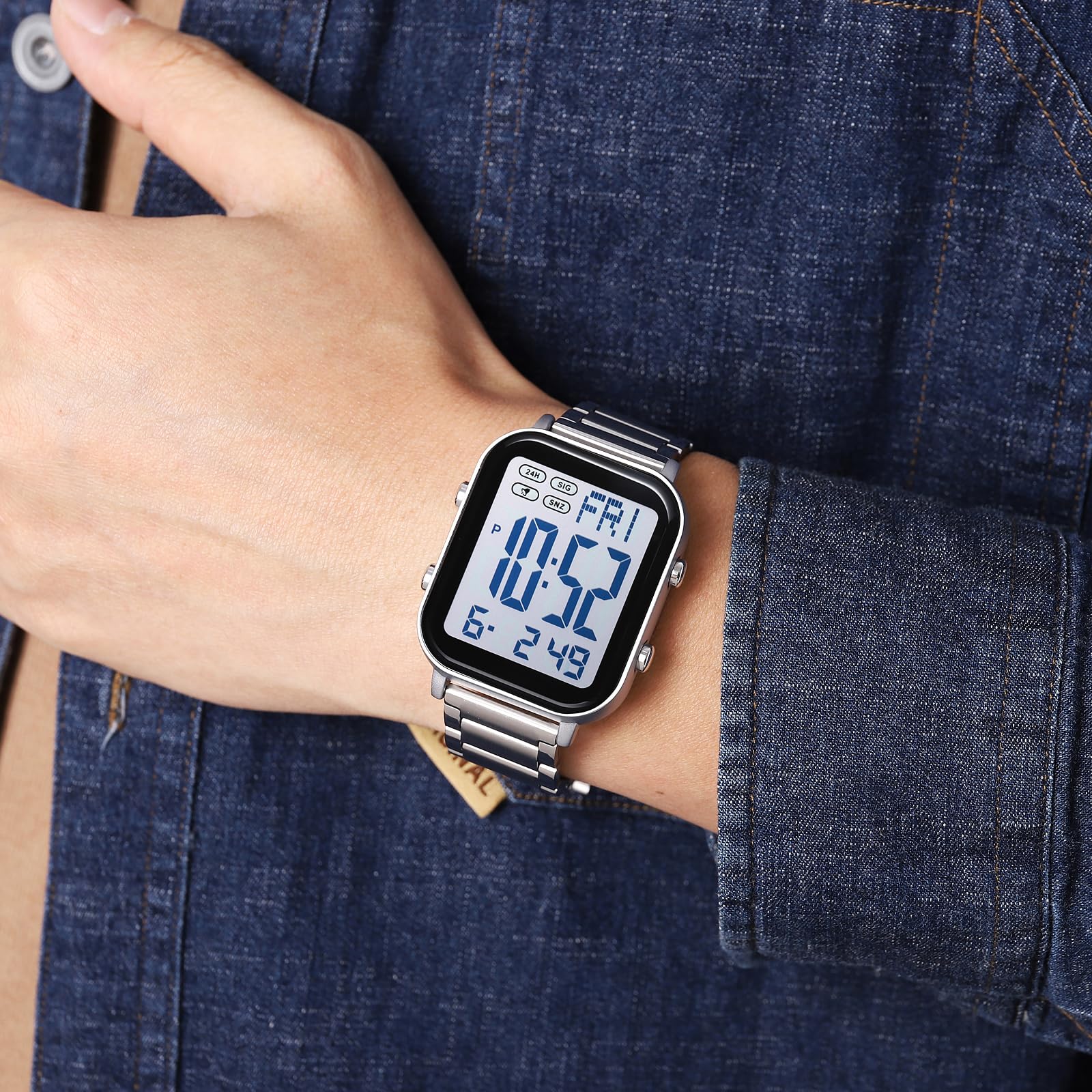findtime Reloj digital para hombre con números grandes, para personas mayores, negocios, reloj de pulsera digital, correa de metal, reloj de lujo, LED, hora dual, fecha, 12/24 h, cronómetro