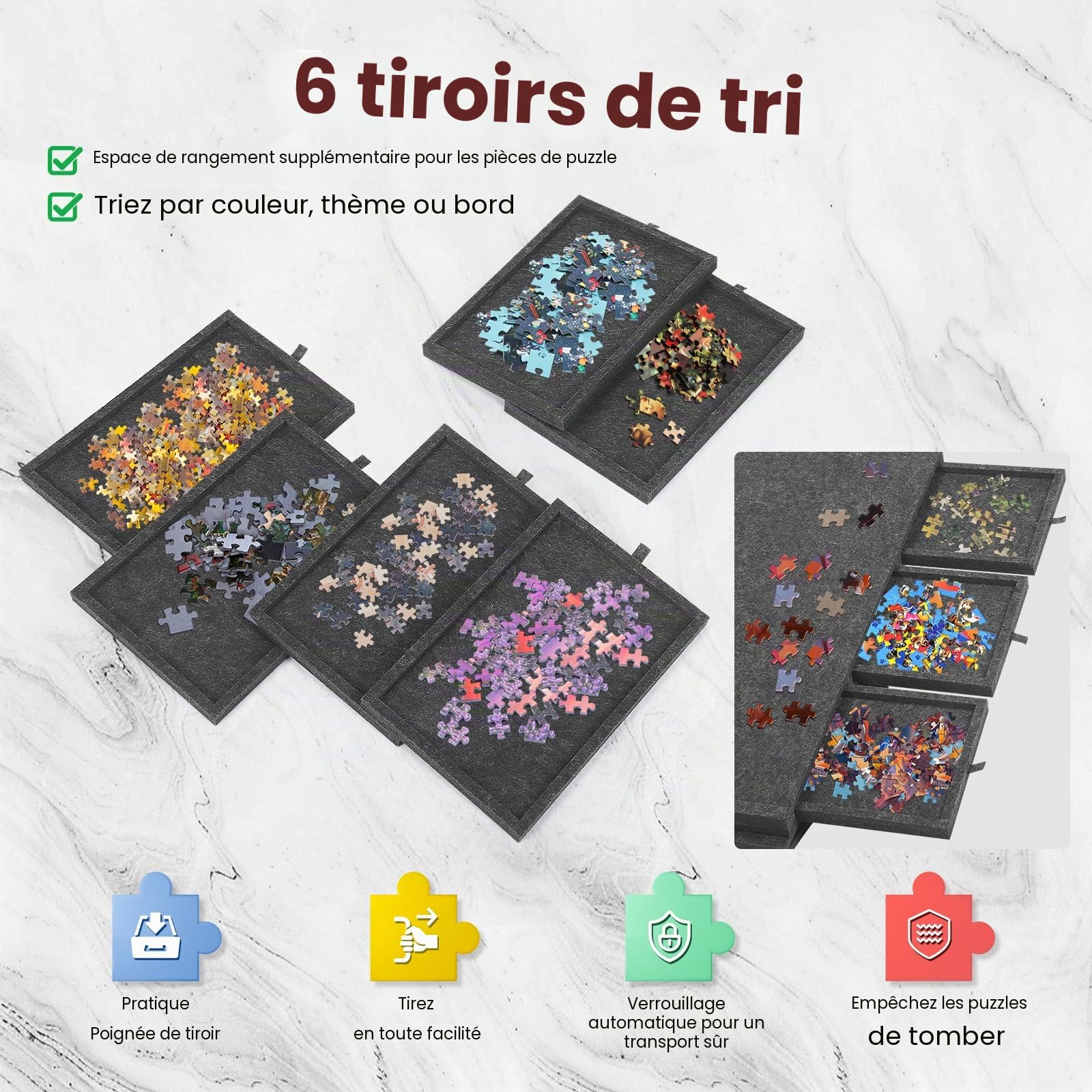 Planche à puzzle pliable en feutre antidérapant de 1500 pièces, 6 tiroirs de tri avec poignées, angle réglable, légère et portable, table de puzzle pliable en feutre