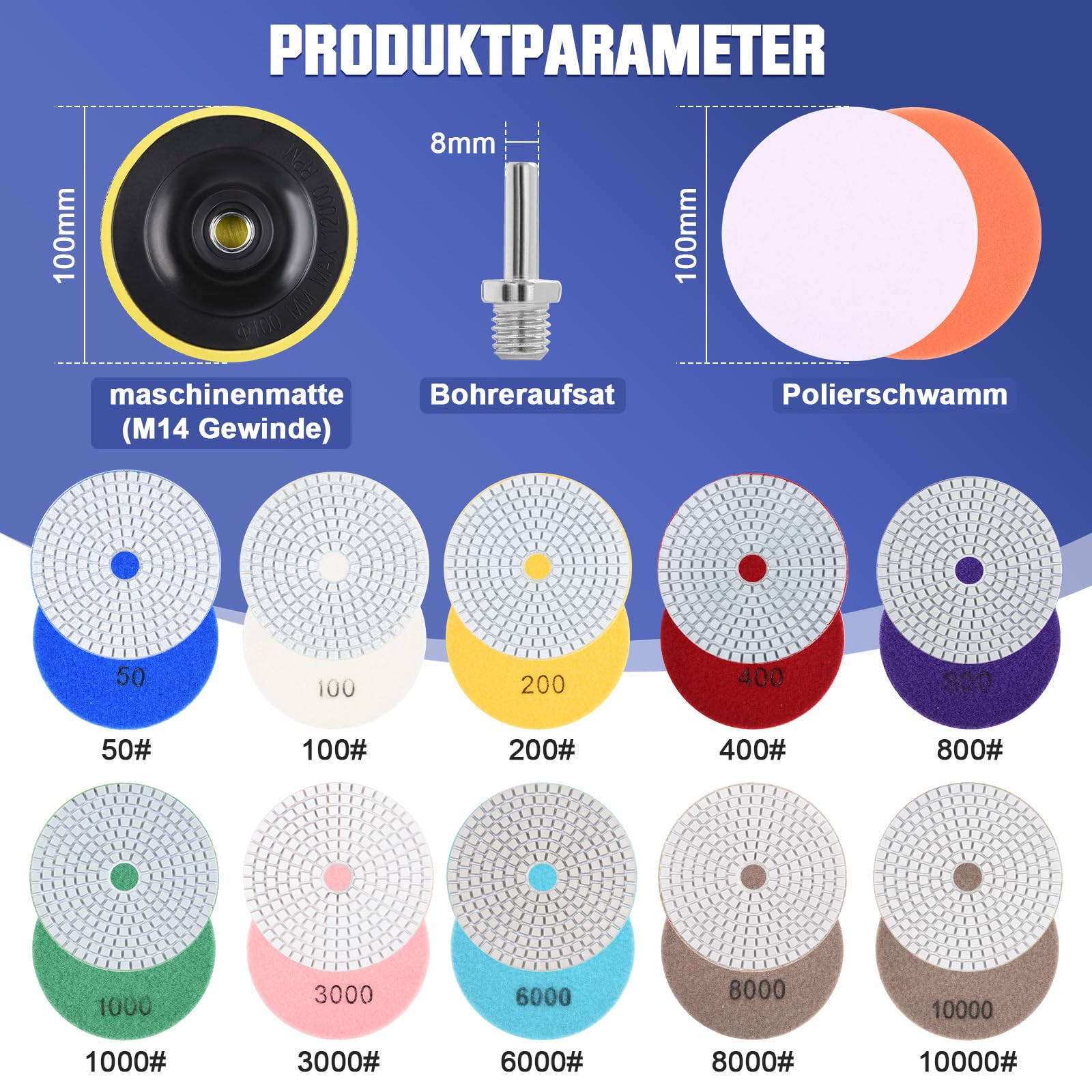 12 discos de pulido de diamante húmedos con placa de apoyo de goma M14, fieltro de lana, juego de pulido de mármol de 100 mm, almohadillas de lijado para granito, hormigón, azulejos, piedra, disco