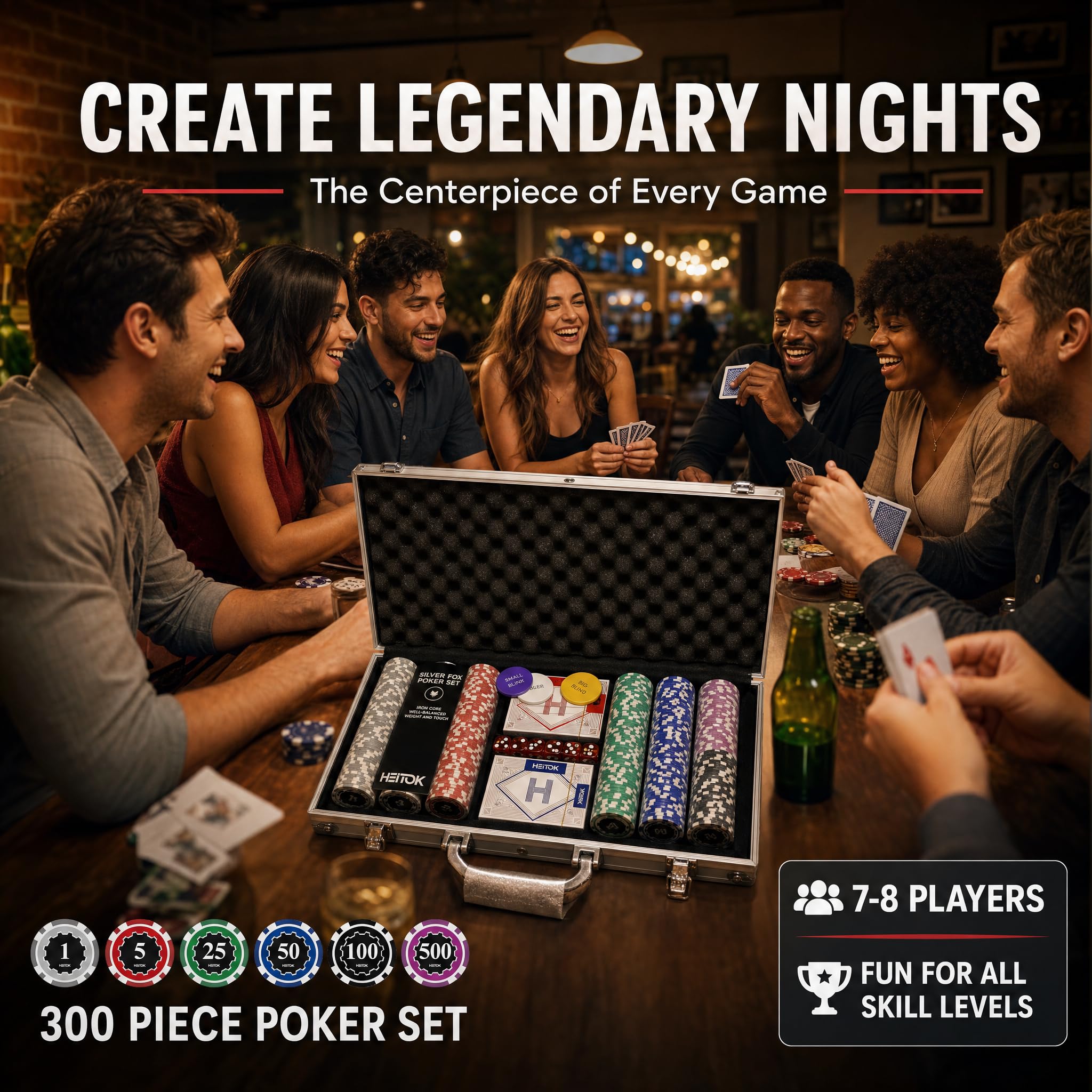 HEITOK Zestaw do pokera 300 sztuk 11,5g z nominałami w walizce Texas Holdem