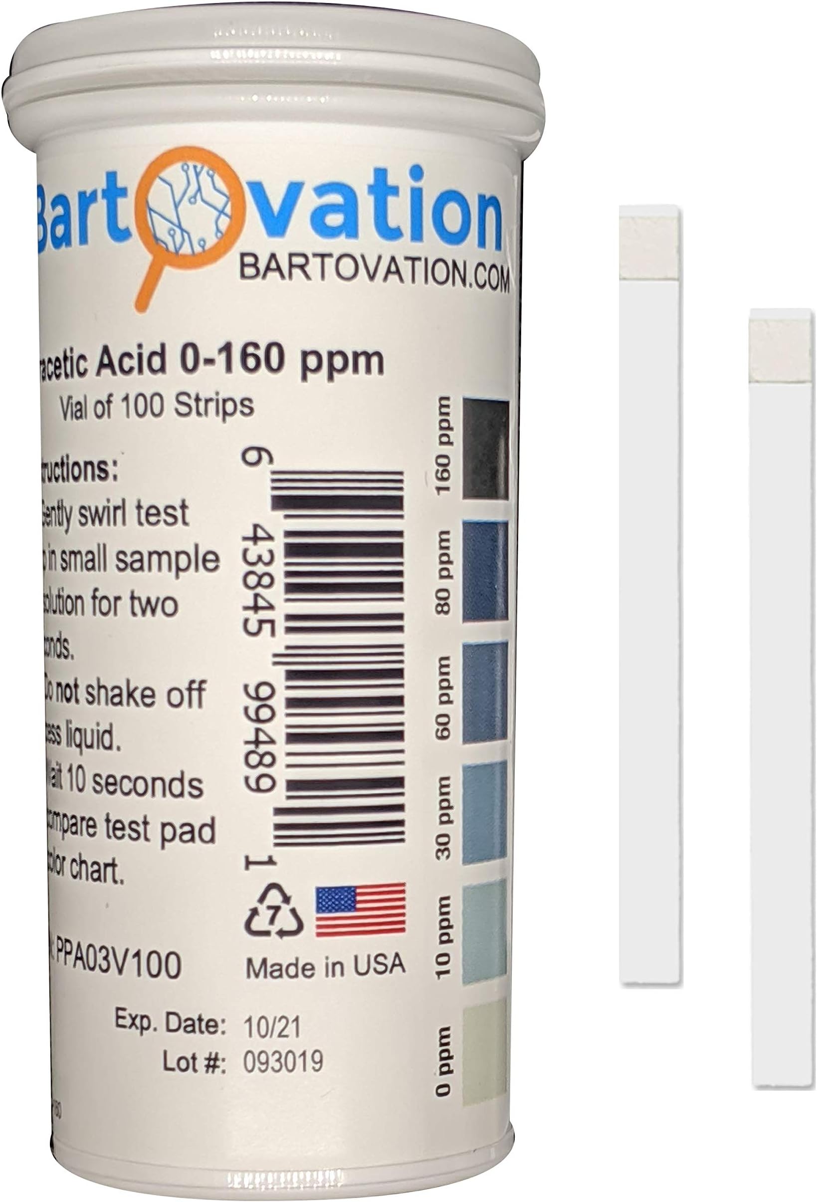 Bartovation Peracetic Acid Test Strips, 0-160 ppm [Double Comparable Offers, Vial of 100 Strips]