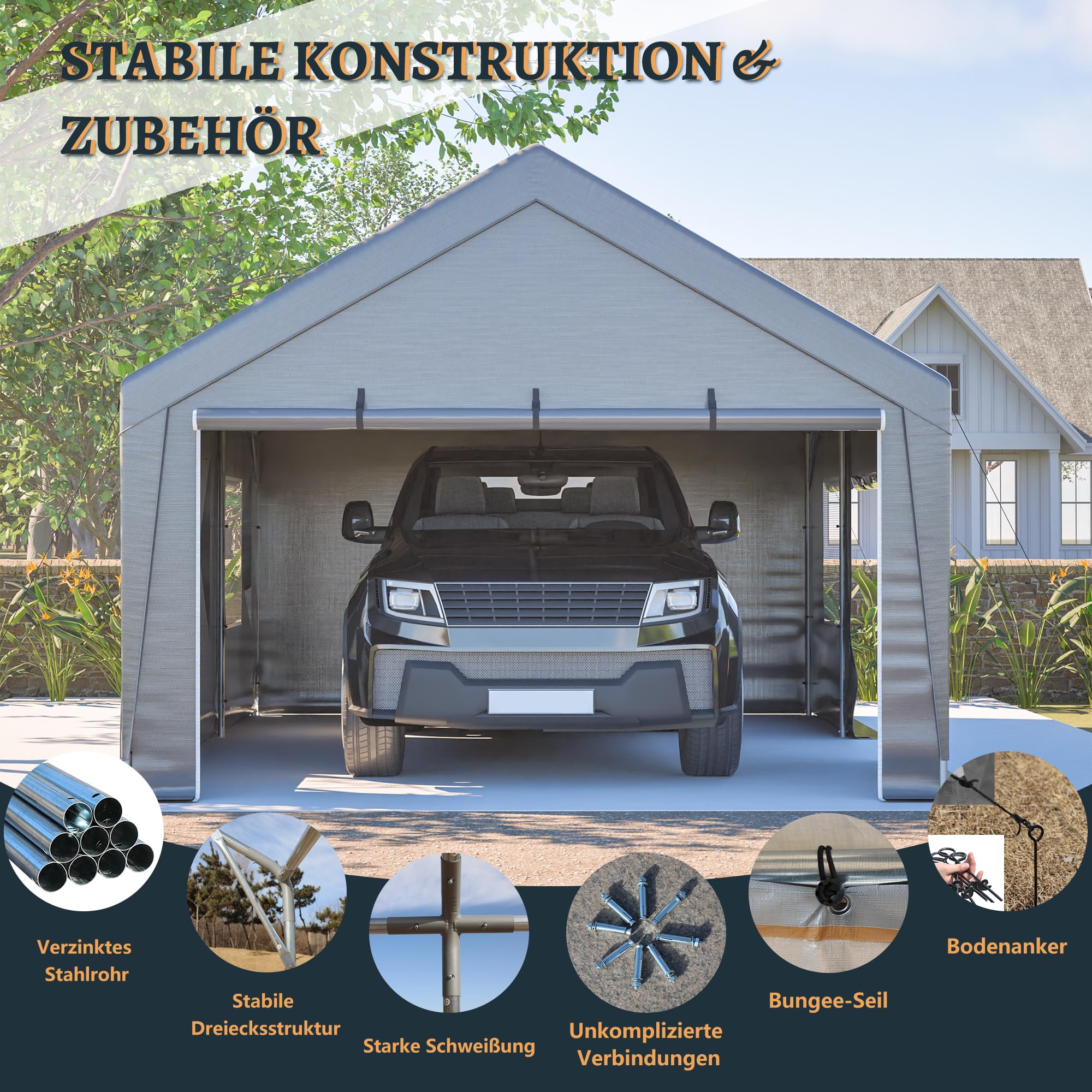 Allwetter Zeltgarage 6x4x3 m, Autozelt mit Rolltoren, Moskitonetzen, UV-Schutz, wasserdicht, feuerverzinkter Stahlrahmen, Grau