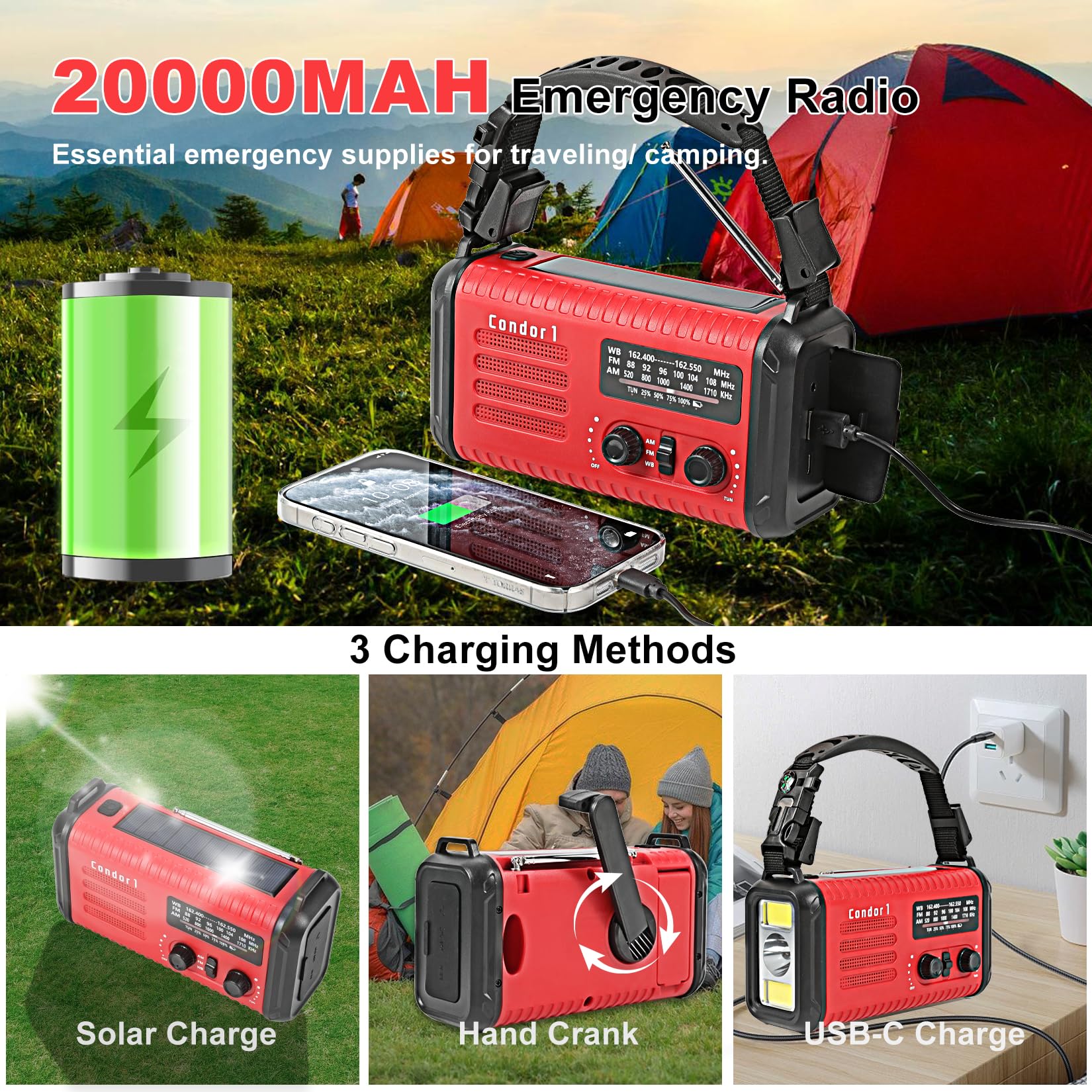 Emergency Radio - 20000mah Weather Radio with NOAA/AM/FM, Solar Hand Crank Radio with USB/Solar/Hand Crank Charger, Battery Powered, SOS Alarm, Reading Lamp & Flashlight for Indoor/Outdoor (Red)