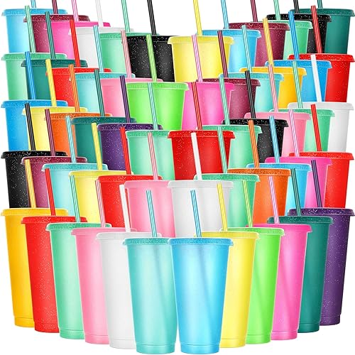 Honeydak Paquete de 60 vasos con popote y tapa, botella de agua a granel, taza de viaje para café helado, vasos de plástico reutilizables para