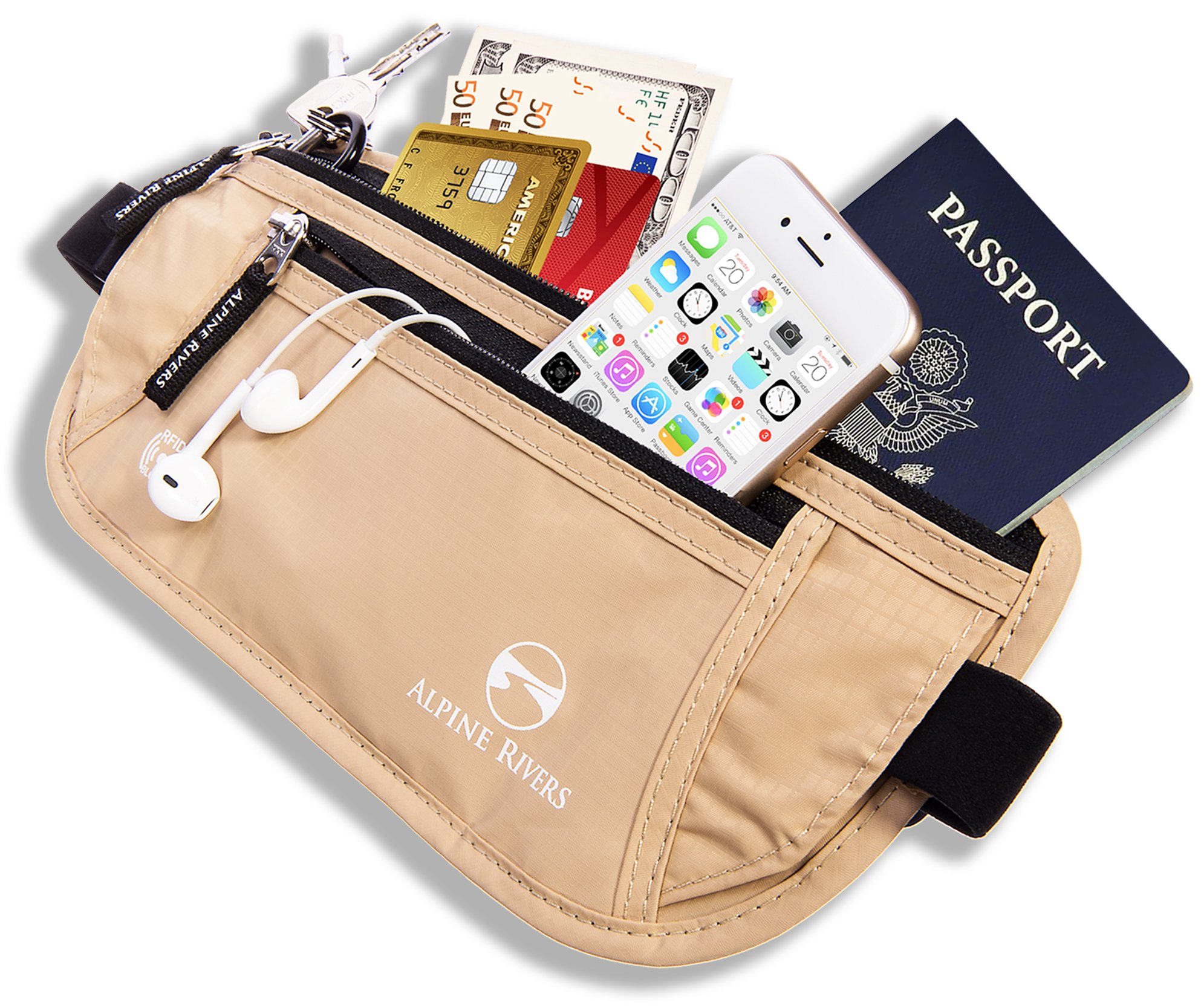 Alpine Rivers Ceinture porte-monnaie – Blocage RFID de qualité premium avec 7 pochettes RFID en bonus, Deluxe Sand Beach (Beige) - AR-RFIDMB002