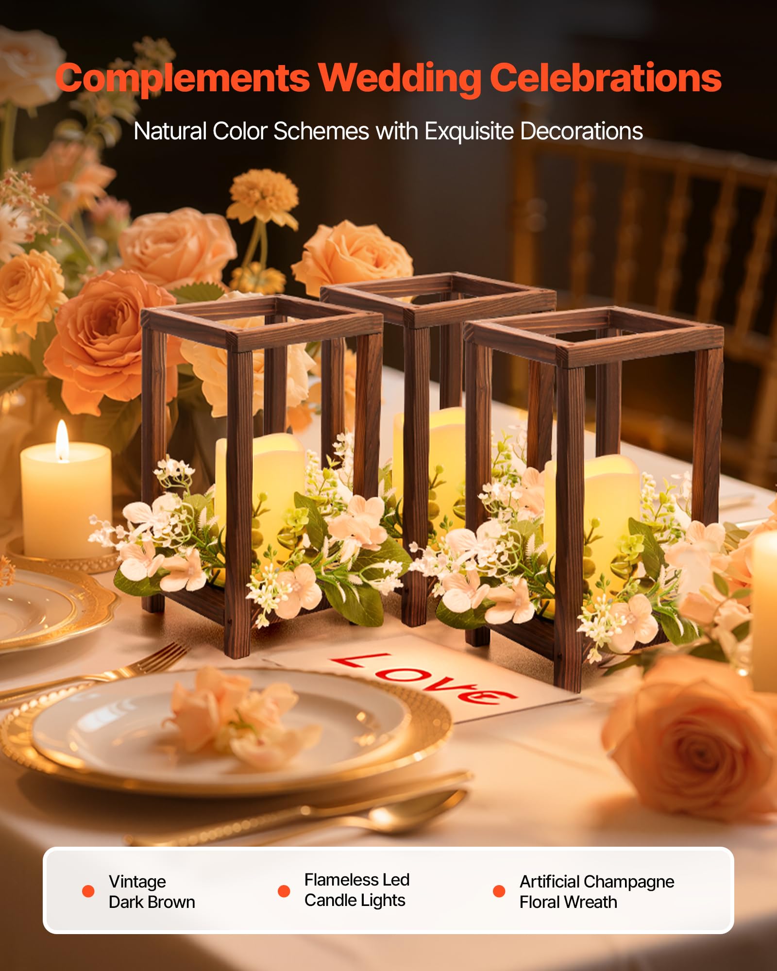 VEVOR 10er-Set Holzlaternen für Hochzeiten, inkl. 10 Holzlaternen-Kerzenhaltern, 10 flammenlosen LED-Kerzen, 10 Champagner-Blumenkränzen für Hochzeitstisch, Party, Bauernhaus-Dekoration, Braun