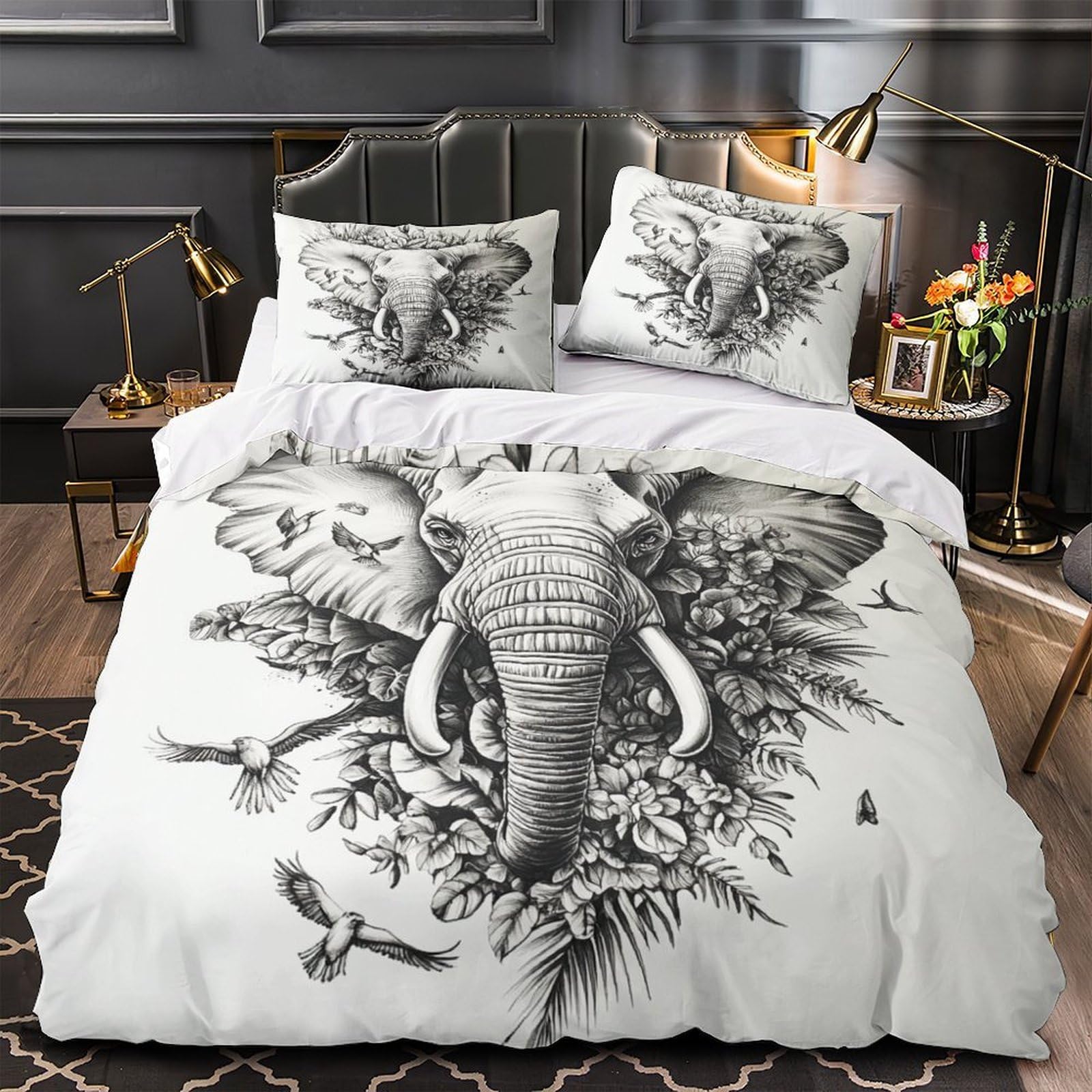 Housse de couette éléphant 3D croquis noir et blanc pour chambre d'enfant ou ado