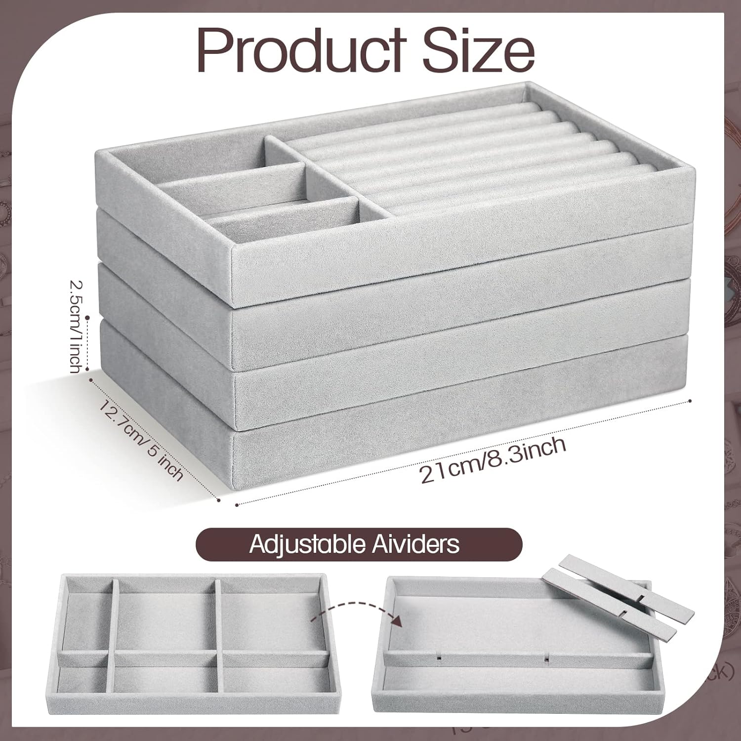 Kenning 16 Pcs Jewelry Organizer for Drawer Stackable Trays Insert with Compartments 8.3x5x1 Small Velvet Storage Holder Closet Vanity Dresser Box Divider Ring Earring Display Wedding Gift for Women