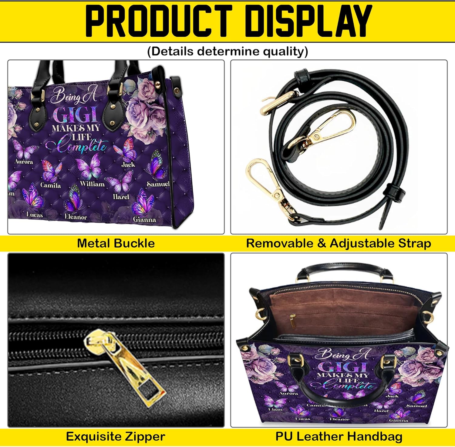 Personalized Leather Handbag for Mom Grandma – Custom Name Purse Set with Kids Names, Mother’s Day Gift for Women