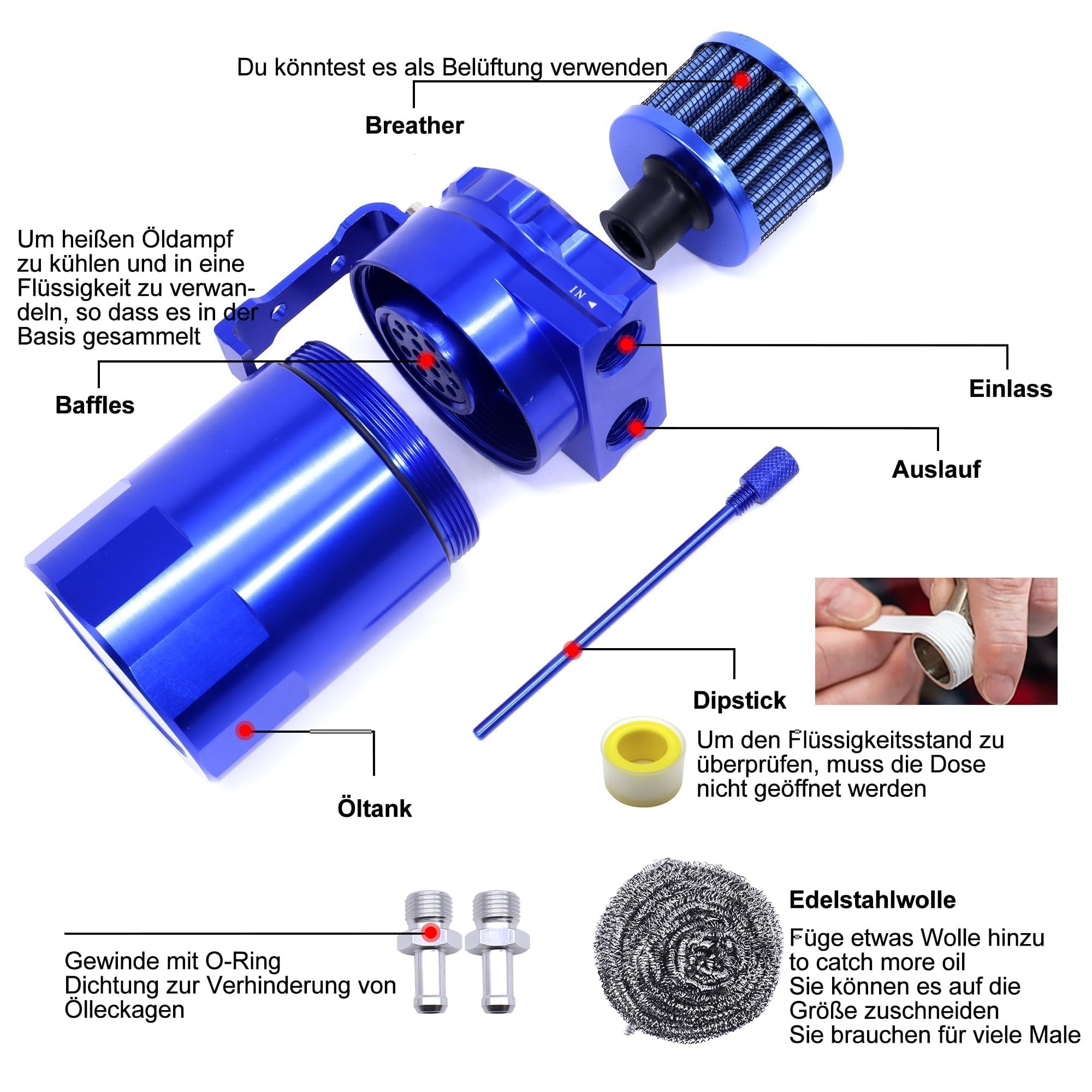 Car Oil Catch Tank Can Serbatoio di carburante in alluminio Serbatoio di stoccaggio dell'olio con filtro dell'aria Tubo di ricambio Accessori 350ml Serbatoio(blu)