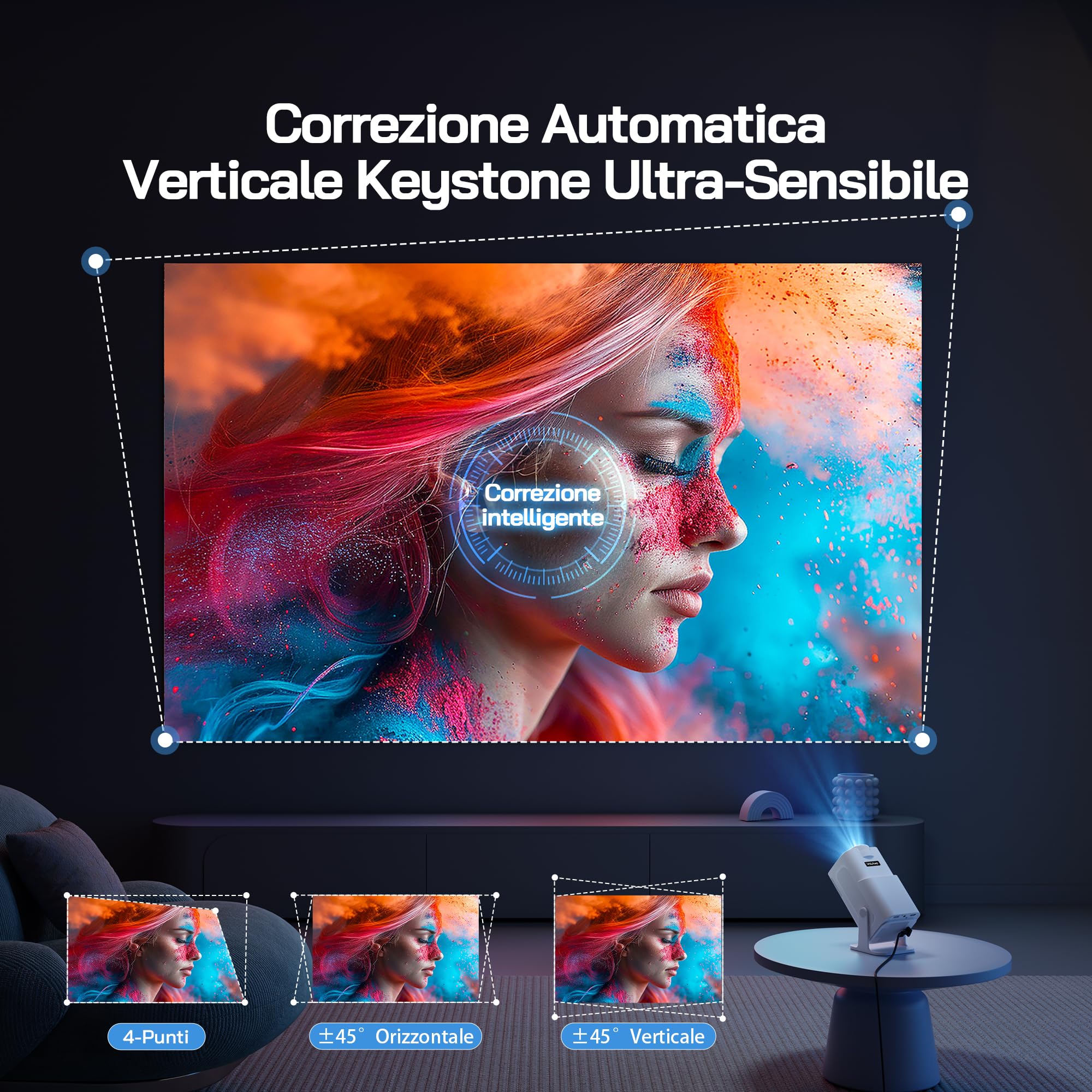 WOLFANG 4K Mini Proiettore【App Integrata/Netflix Ufficiale】, 26000 Lumen Proiettore Portatile con WiFi 6, 50% Zoom, Ruotabile 180° Videoproiettore per Home Theater/TV Stick/iOS/Android/PC/PS5/HDMI/AV