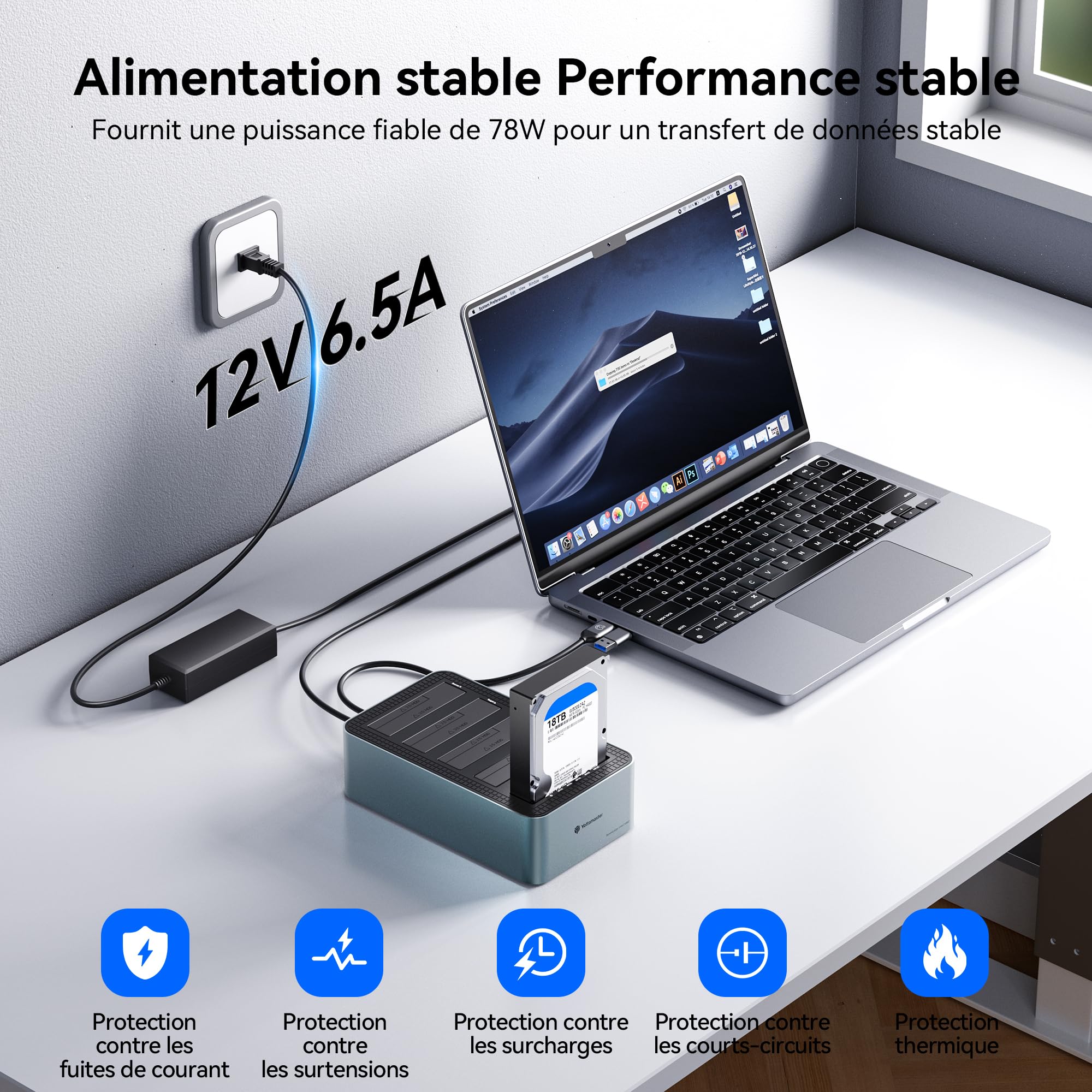 Yottamaster 5 Bay Offline Clonage de Disques Durs Station d'accueil Aluminium pour 2.5"/3.5", USB 3.2 Gen1 SATA SSD/HDD Docking Station avec Alimentation 12V 6.5A, Supporte 5x20TB