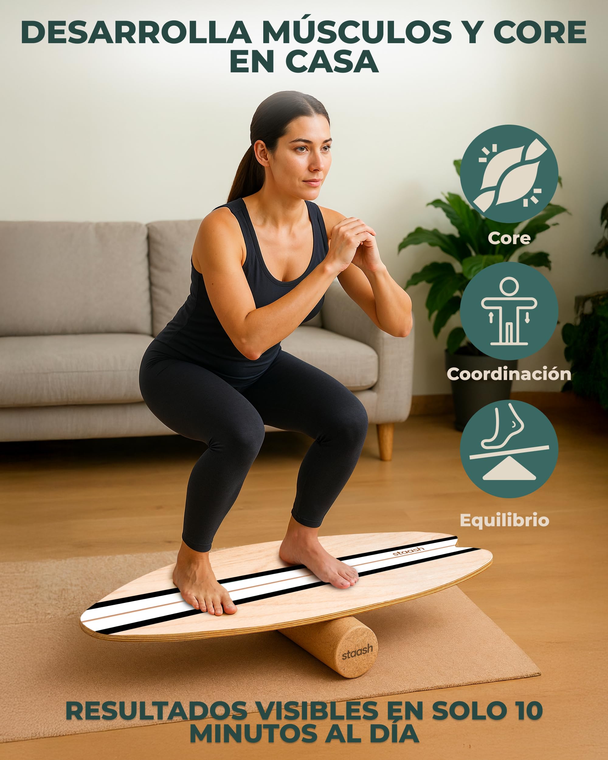 STAASH Balance Board – Tabla de Equilibrio Principiante, Rodillo y Pelota | Kit 3 piezas: tabla de equilibrio de madera antideslizante, rodillo y pelota · ideal para empezar · yoga, fitness, surf